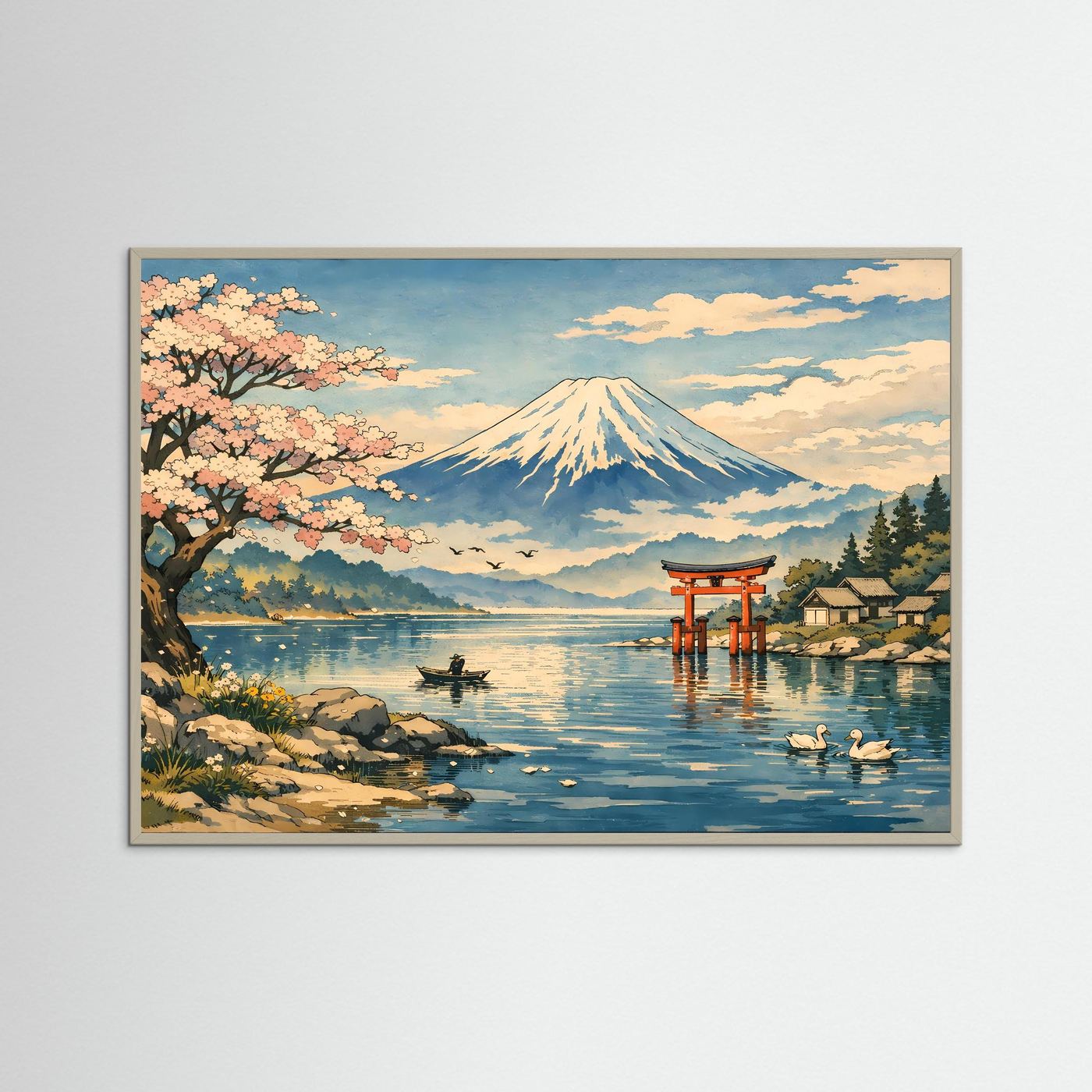 Wandbild-Poster: Mount Fuji über See mit Kirschblütenbaum und Torii, graue Umrandung