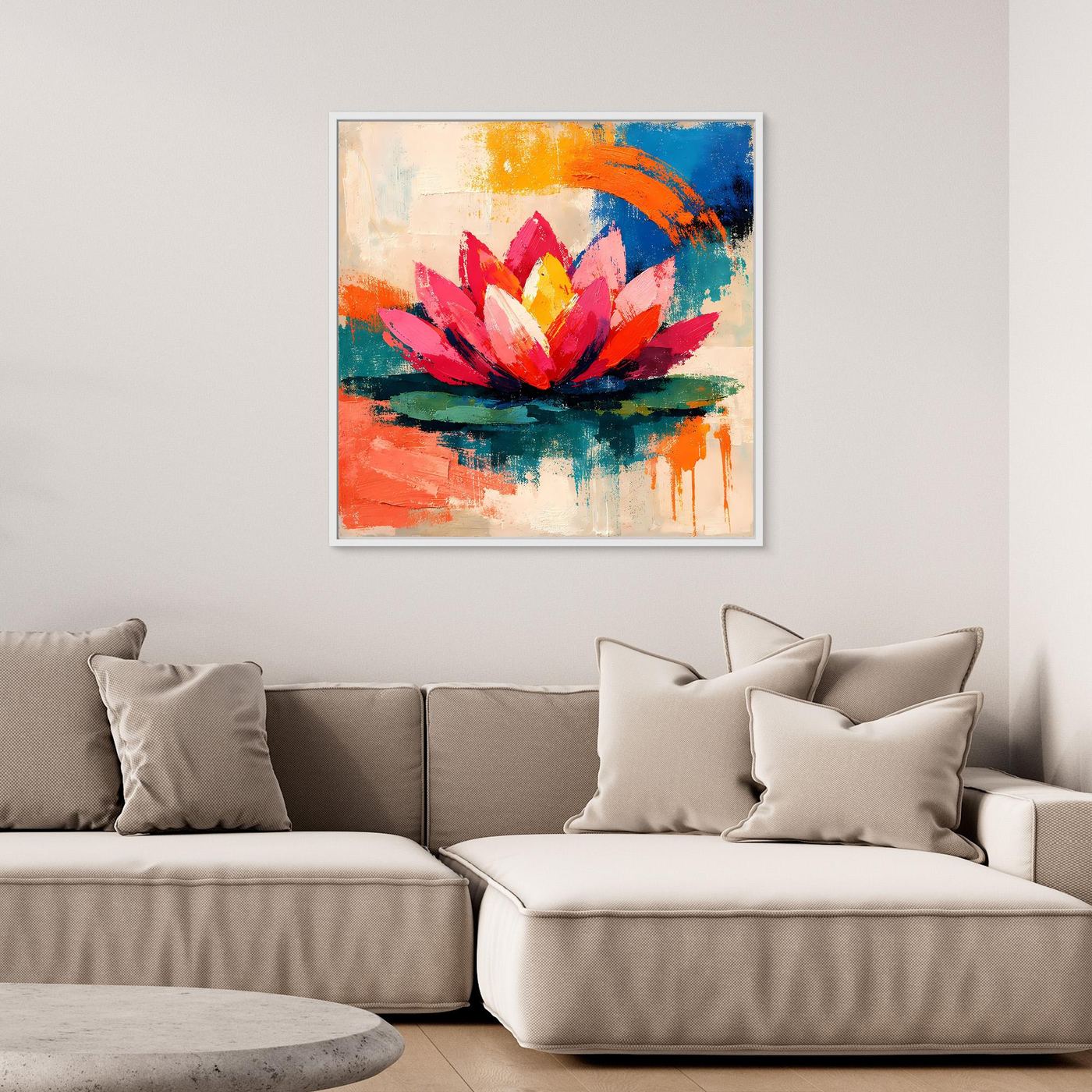 Abstract lotus canvas wall art in a white frame, pink and yellow petals over teal and orange