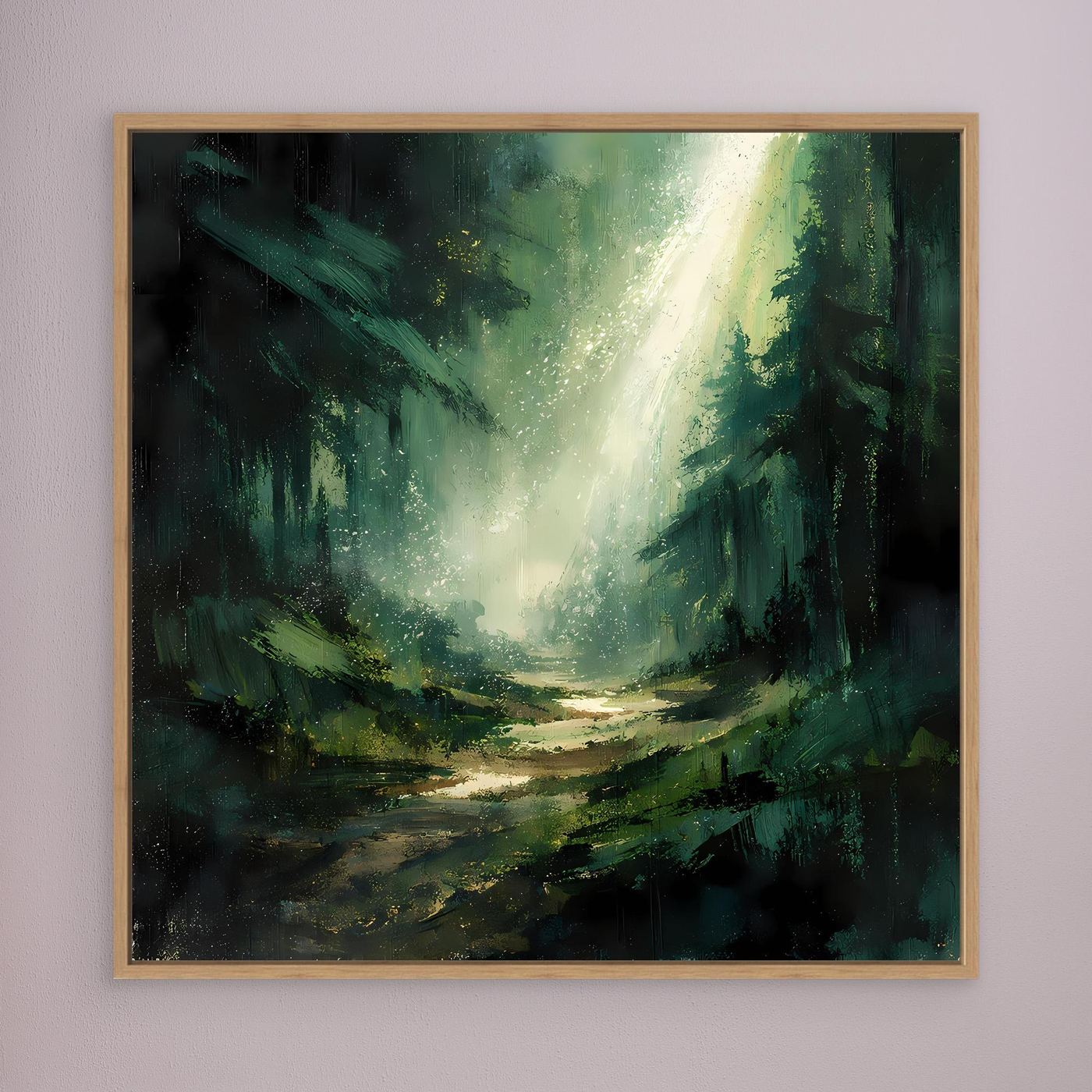 Leinwand Magischer Lichtstrahl im Wald | Abstraktes Tannenwald Wandbild Grün