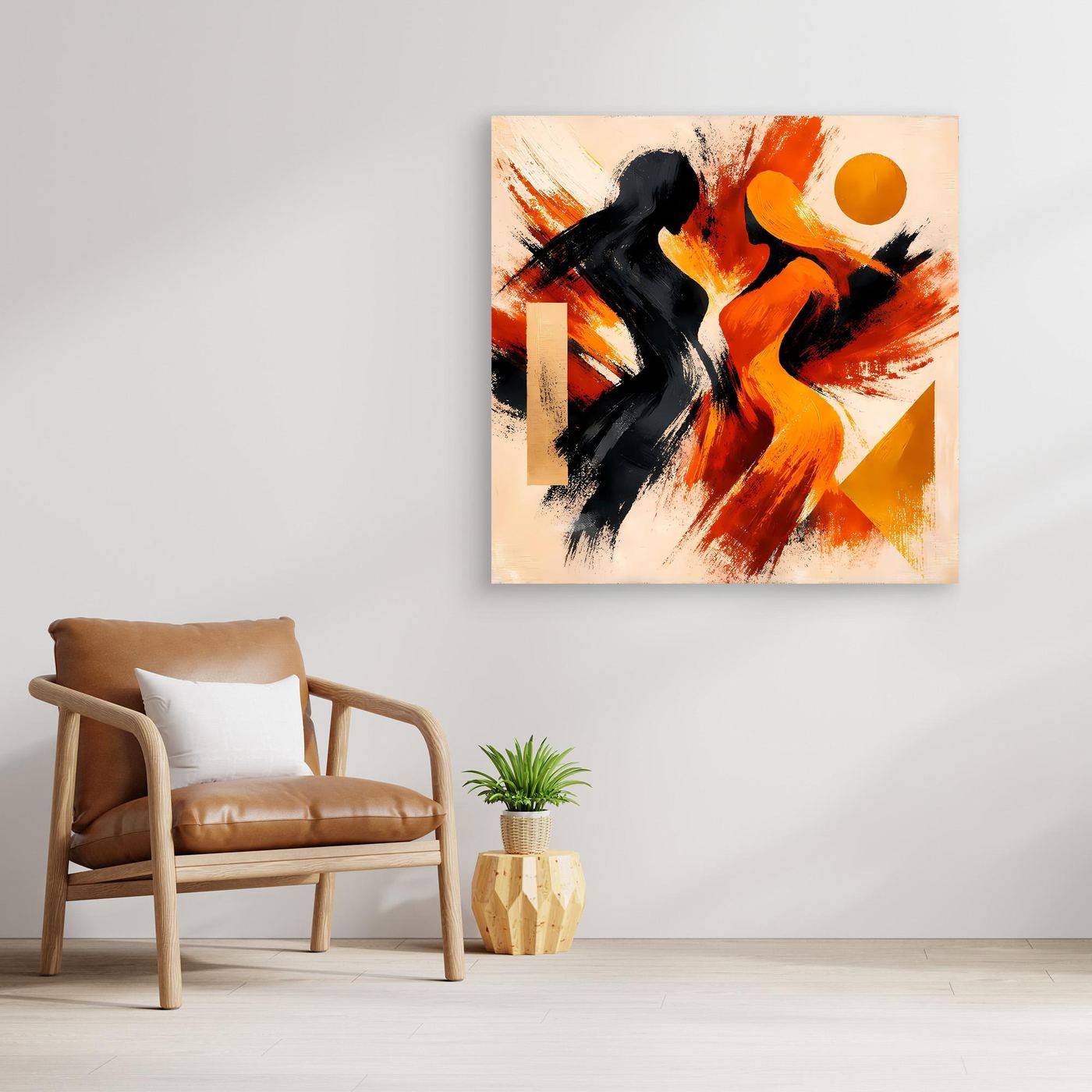 Abstraktes Leinwandbild mit schwarzen Pinsel-Silhouetten, Orange, Gelb auf hellem Grund