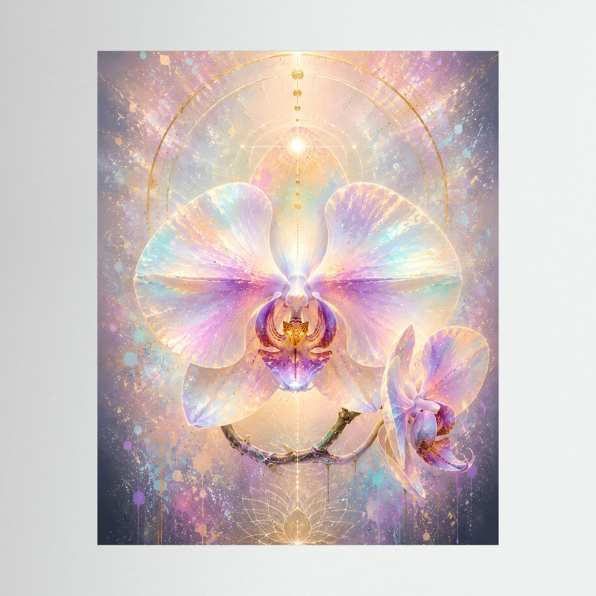 Orchideenposter mit abstrakter Orchideenblüte in Pastellrosa, Lila, Türkis und goldenen Akzenten