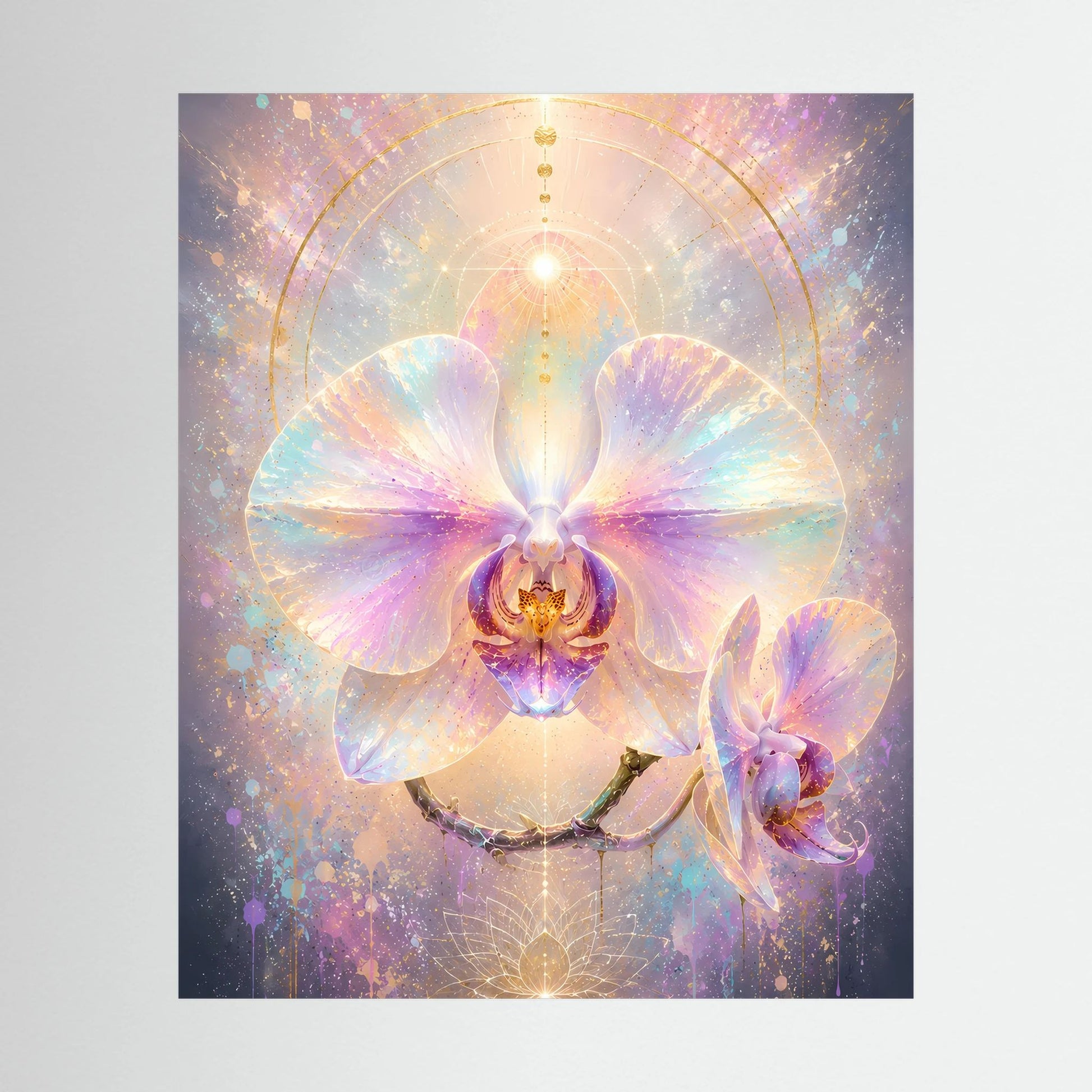Orchideenposter mit abstrakter Orchideenblüte in Pastellrosa, Lila, Türkis und goldenen Akzenten