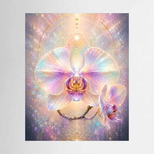 Orchideenposter mit abstrakter Orchideenblüte in Pastellrosa, Lila, Türkis und goldenen Akzenten