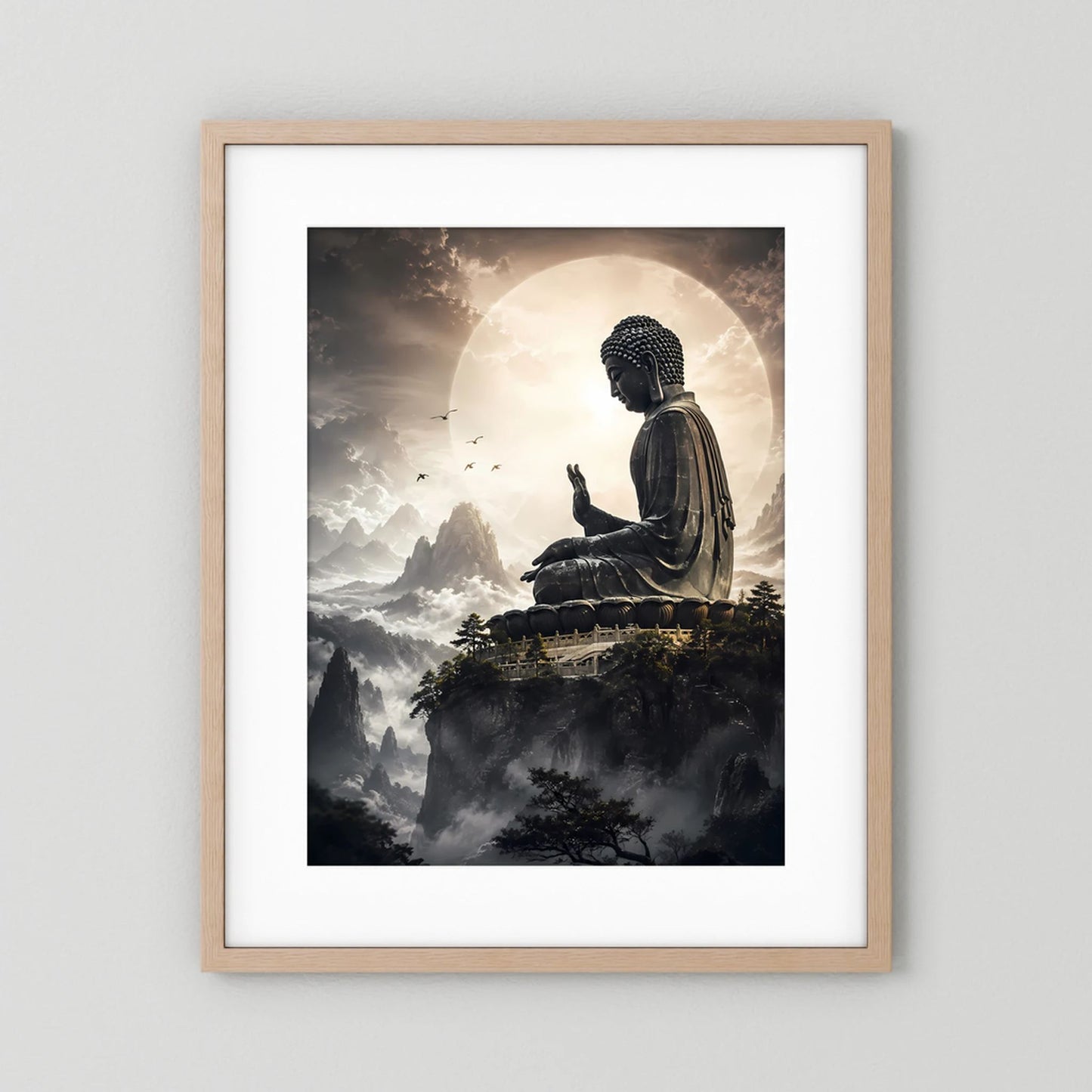 Poster mit sitzendem Buddha über Wolken, goldener Mond, dunkle Berge, heller Holzrahmen, weißer Rand