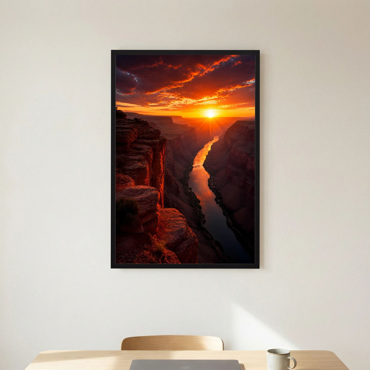 Hochformat-Poster: Sonnenuntergang mit orangefarbener Sonne über Fluss zwischen Felsen, schwarzer Rahmen