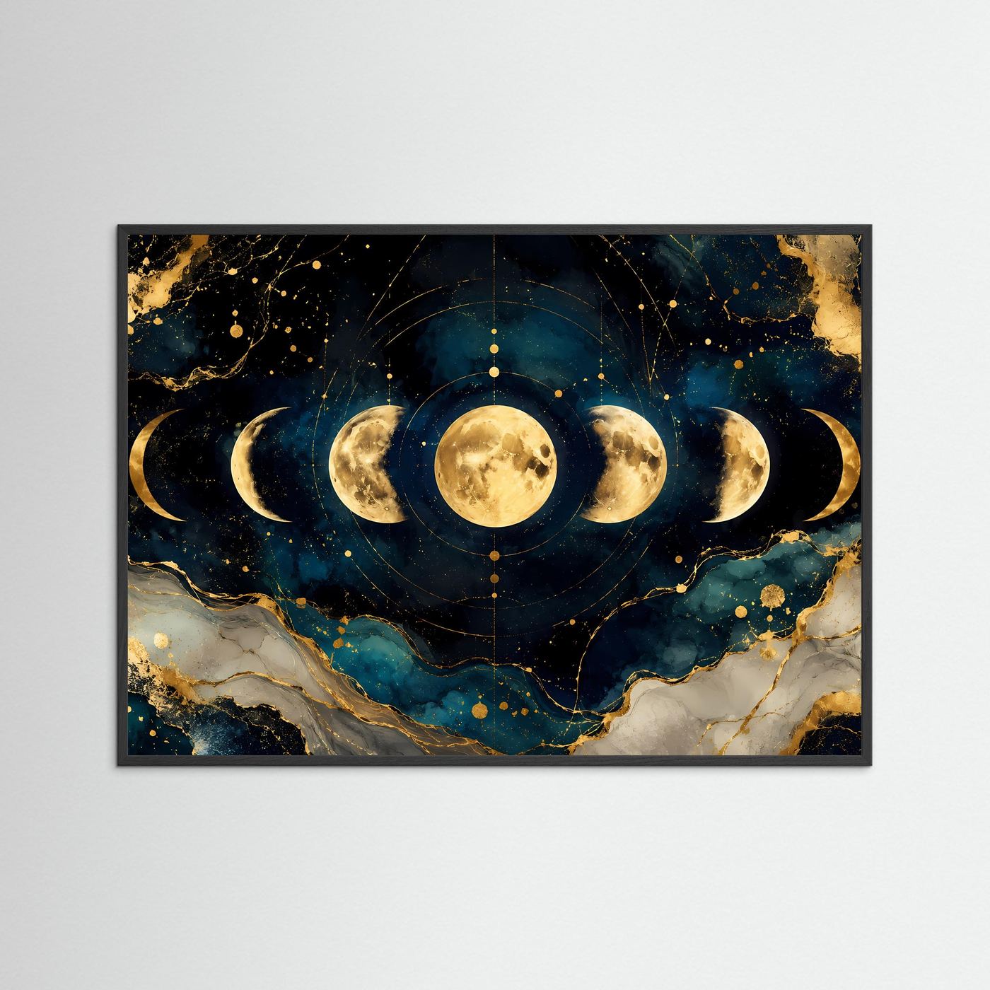 Mondphasen im Kosmos mit Gold | Spirituelles Universum & Astrologie Poster im Querformat