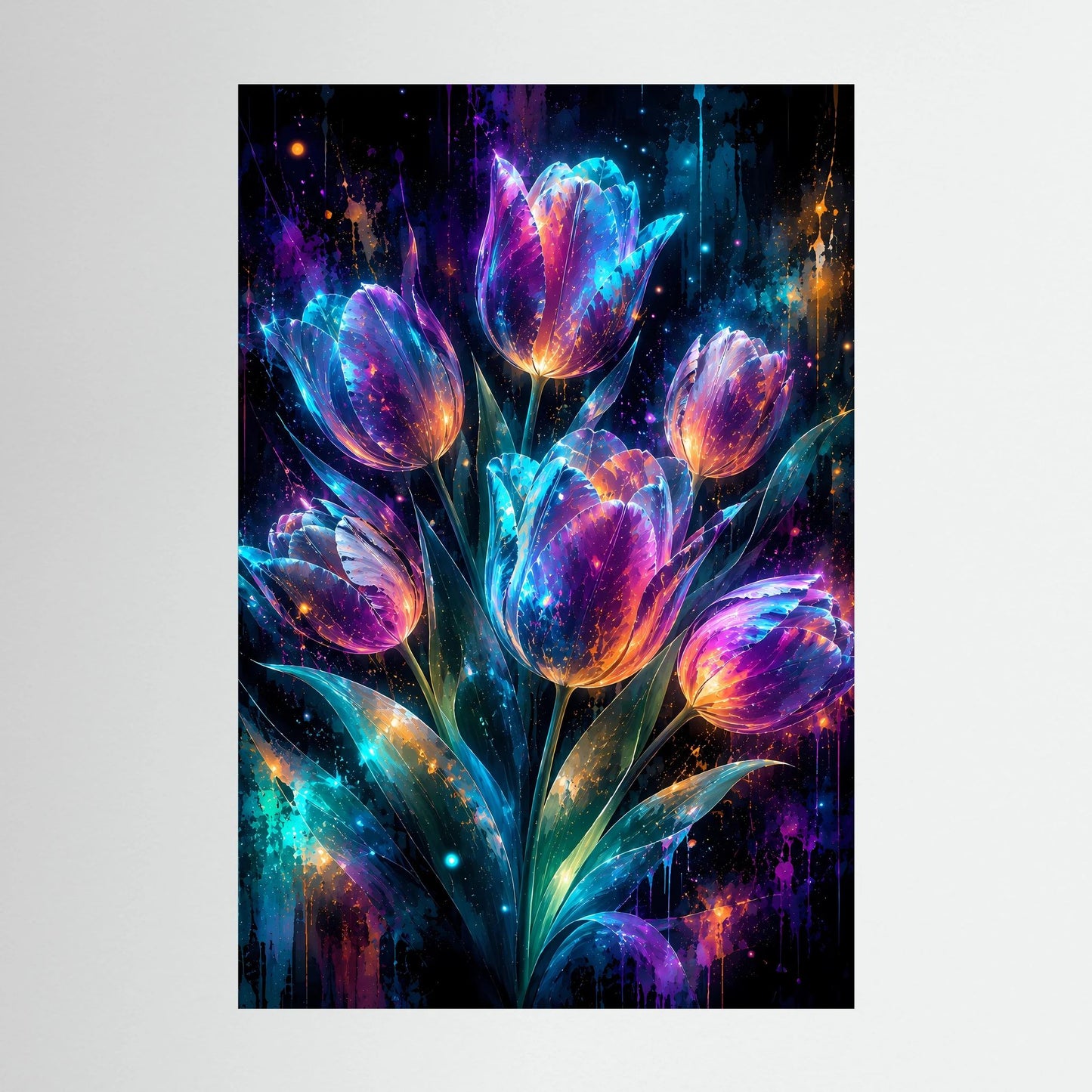 Leuchtende Tulpen in Neonfarben | Magische Blumen Kunst | Poster Hochformat