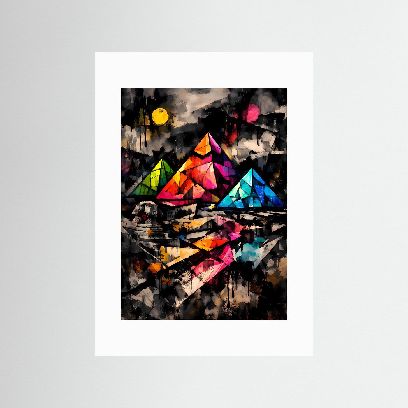 Geheimnis der Pharaonen | Abstraktes Ägypten Pyramiden Poster in bunten Neonfarben | Modernes Kunstposter Hochformat