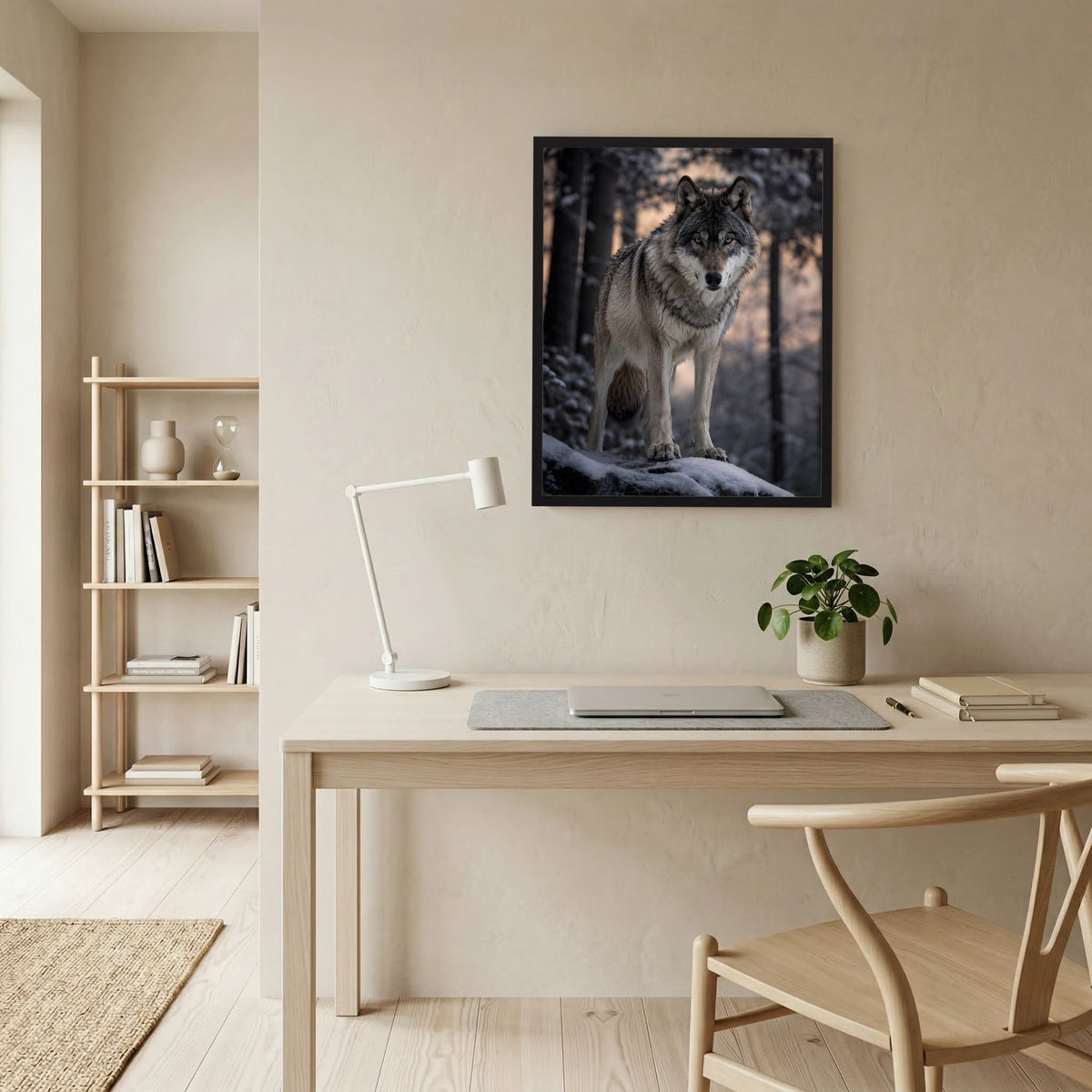 Wolfsbildposter im schwarzen Rahmen, ein Grauwolf blickt in Kamera im Winterwald