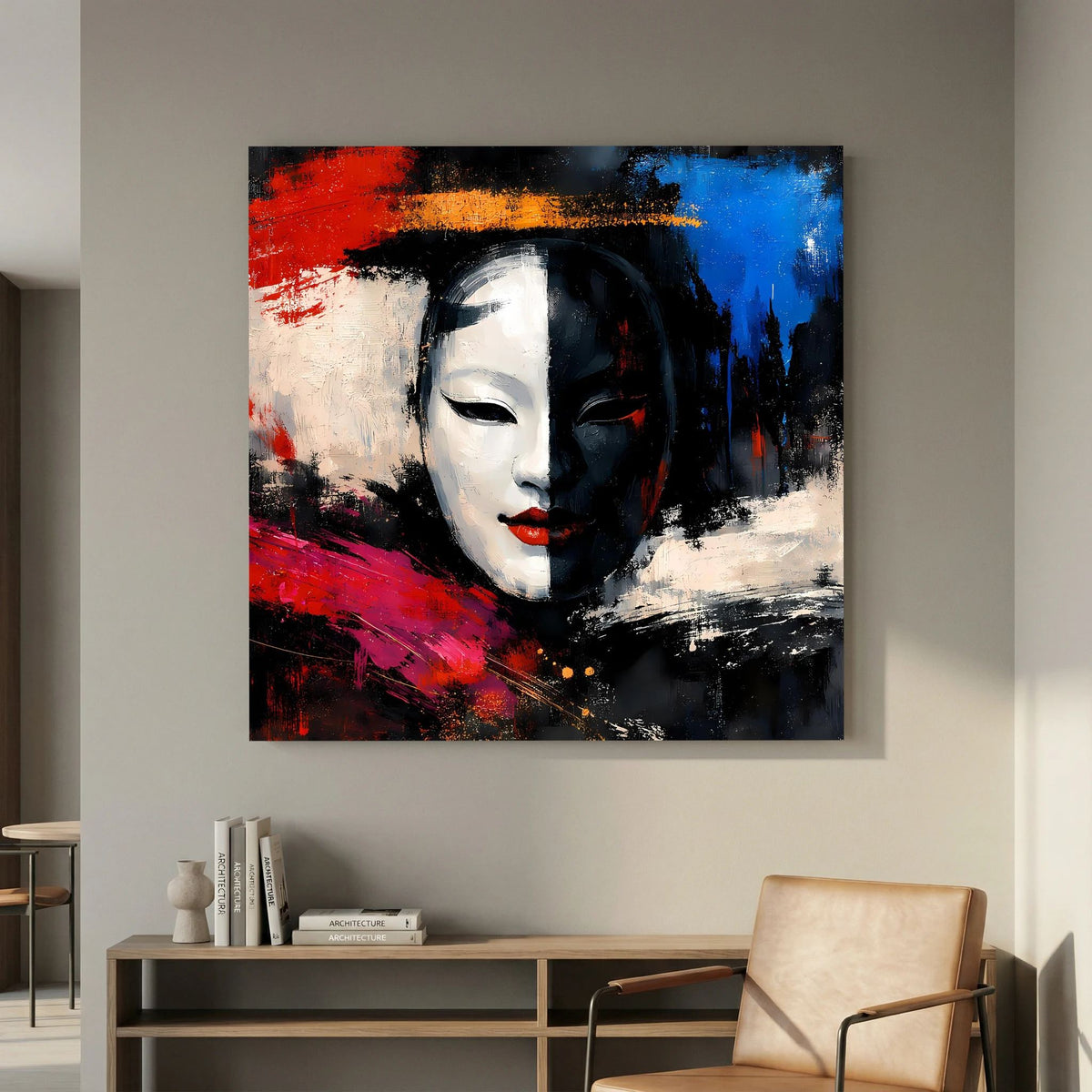 Leinwand-Wandbild: Geisha-Gesicht als Maske, abstrakte Pinseltextur in Rot, Blau und Schwarz