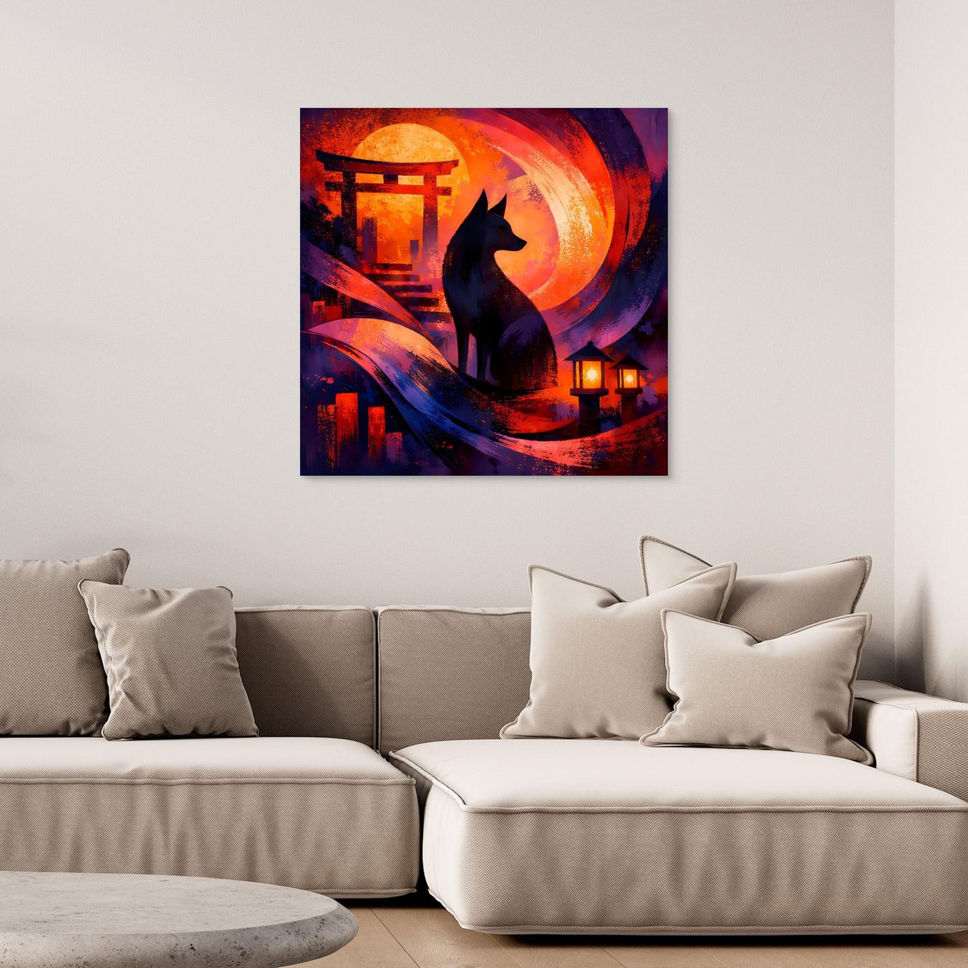 Abstraktes Wandbild mit Torii-Tor und schwarzer Kitsune vor rotem Mond, Laternen