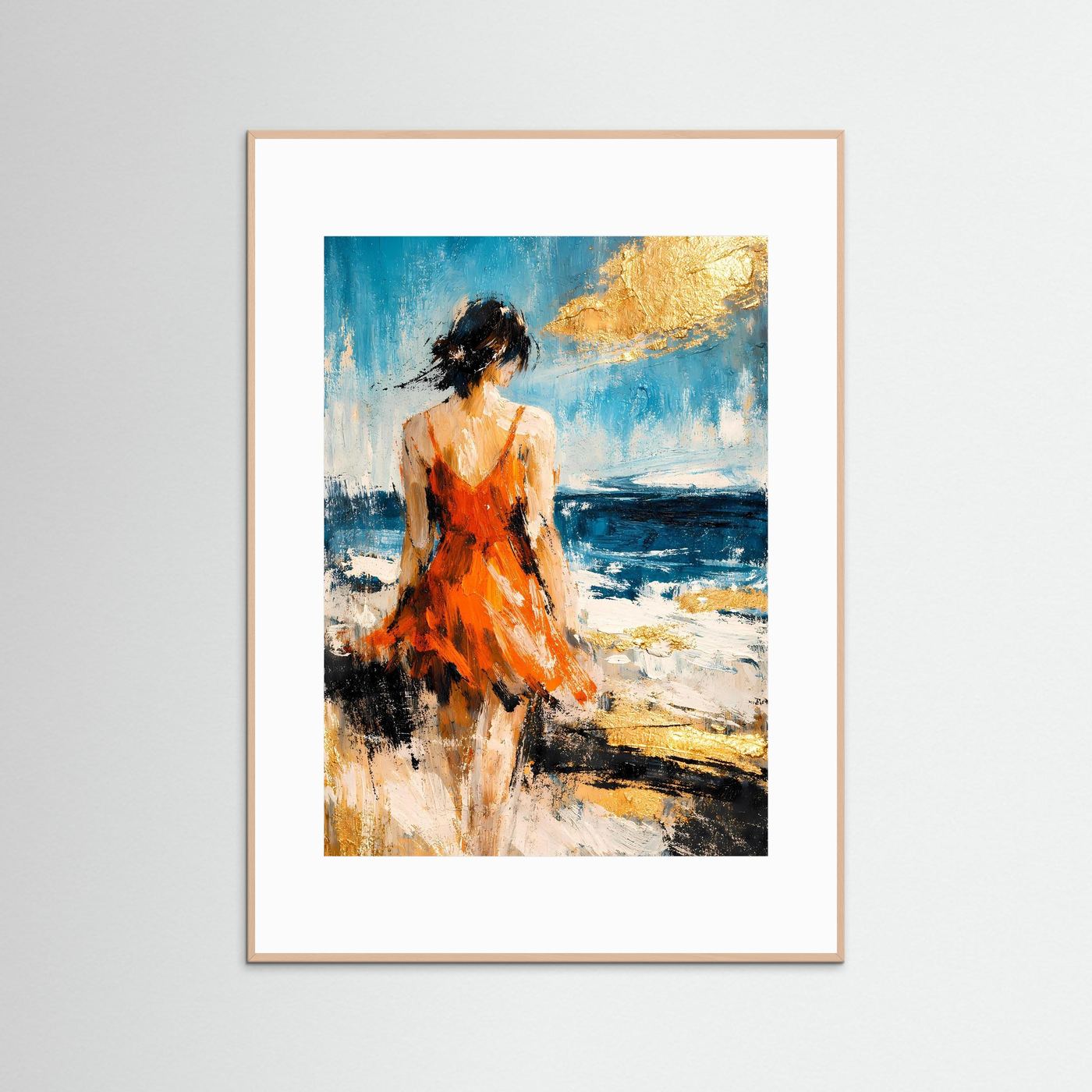 Kunstposter Hochformat: abstrakte Strandszene, Frau im orangefarbenen Kleid, heller Rahmen
