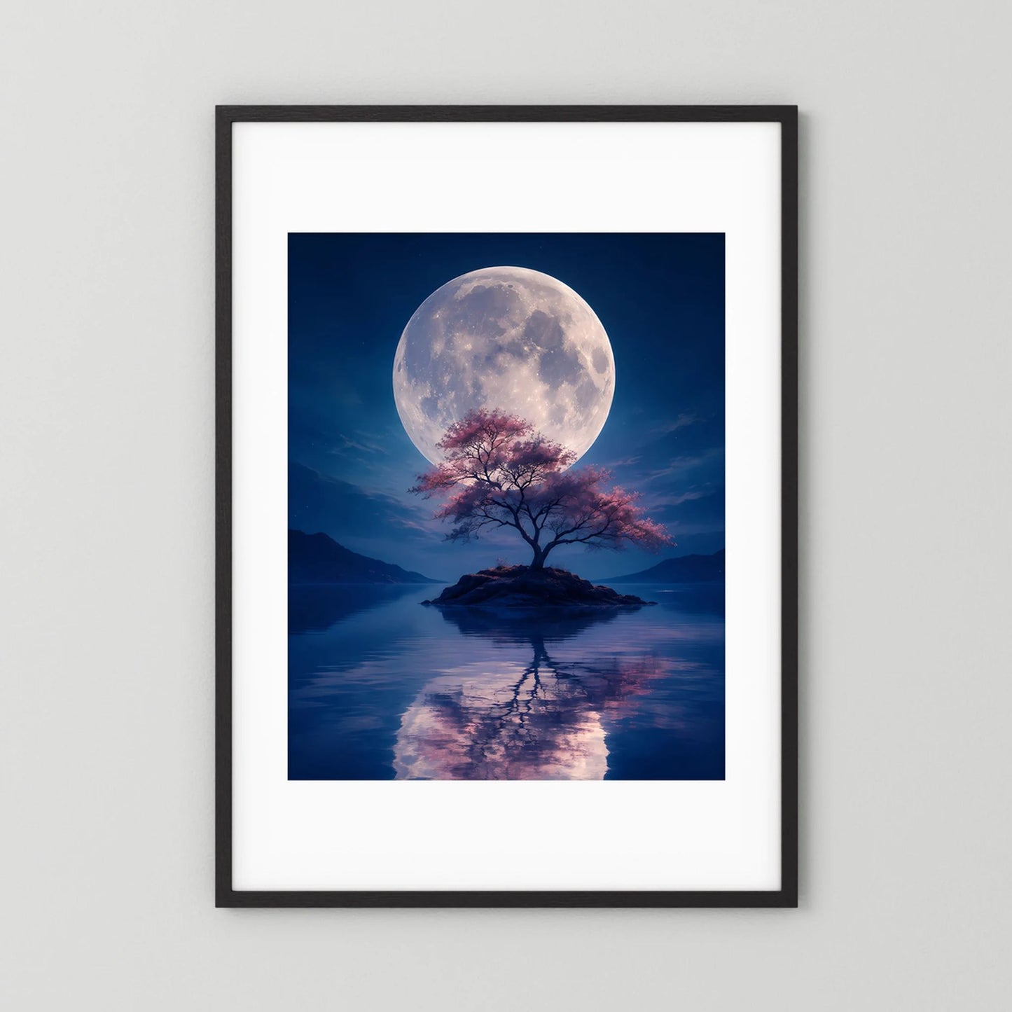 Schwarz gerahmtes Hochformat-Poster mit hellem Passepartout: Vollmond, Baum, Spiegelung