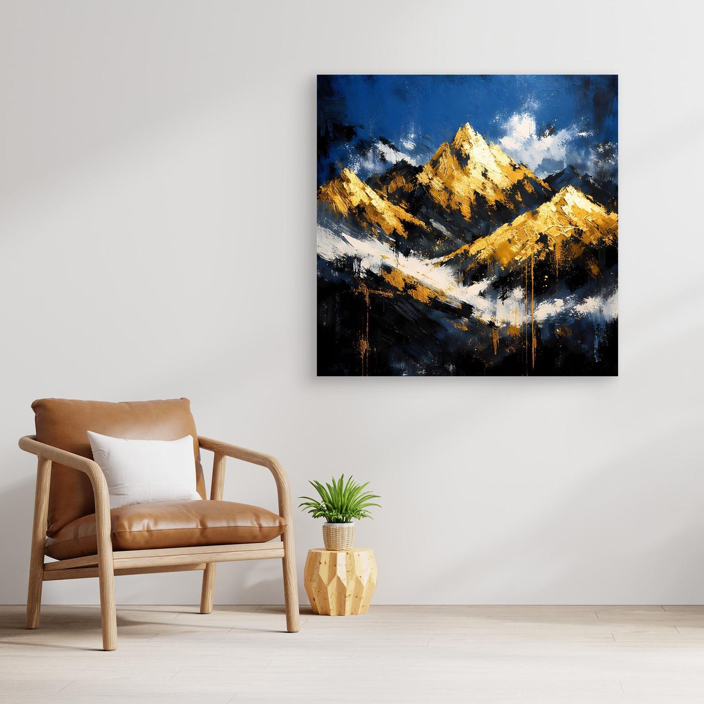 Leinwand Abstraktes Berggemälde in Blau und Gold | Modernes Berge Wandbild
