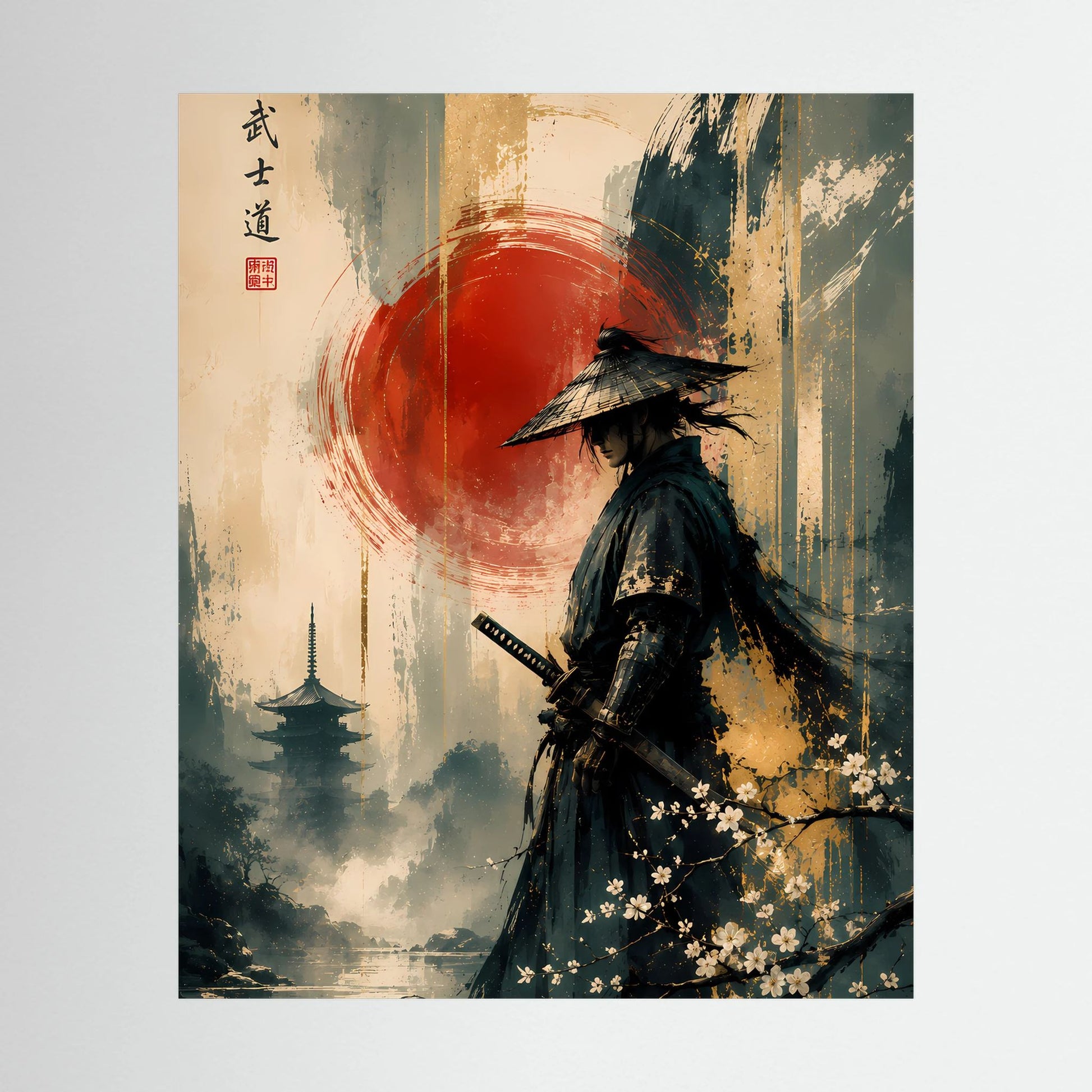 Japanisches Samurai-Poster mit roter Sonne, Nebel und Schwertträger in dunkler Silhouette