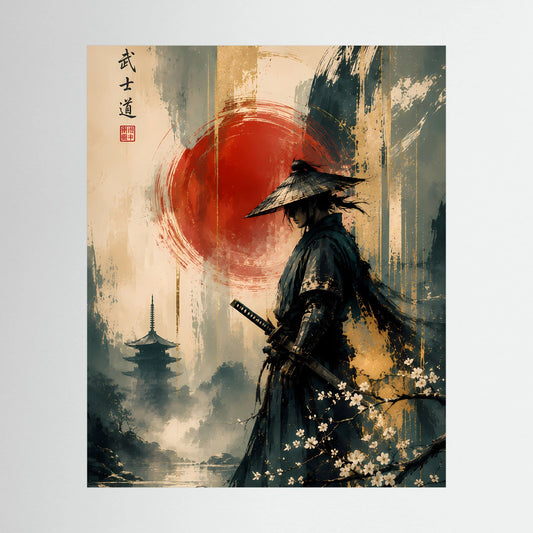 Japanisches Samurai-Poster mit roter Sonne, Nebel und Schwertträger in dunkler Silhouette