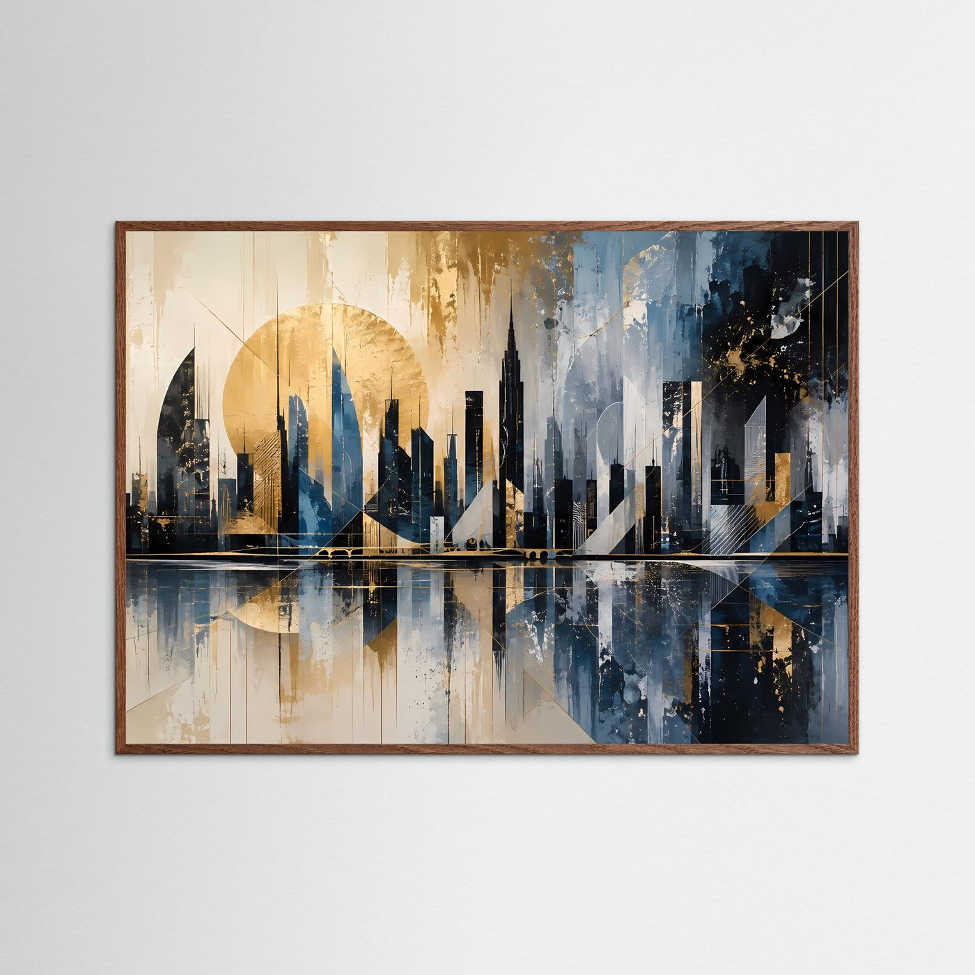 Abstrakte Skyline in Blau, Gold & Schwarz | Moderne Stadtlandschaft mit Spiegelung