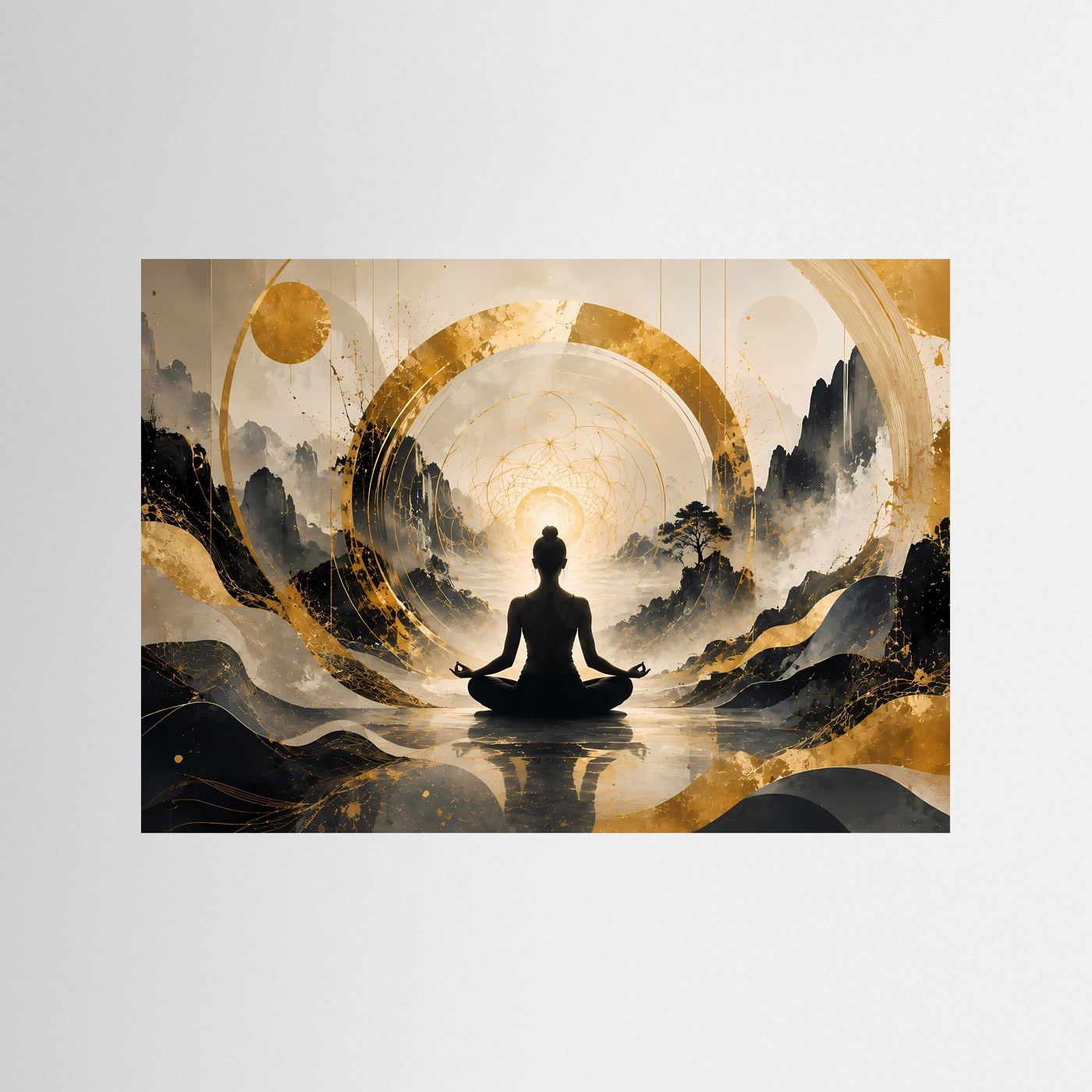 Meditierende Frau in Berglandschaft | Spirituelle Kunst in Schwarz & Gold