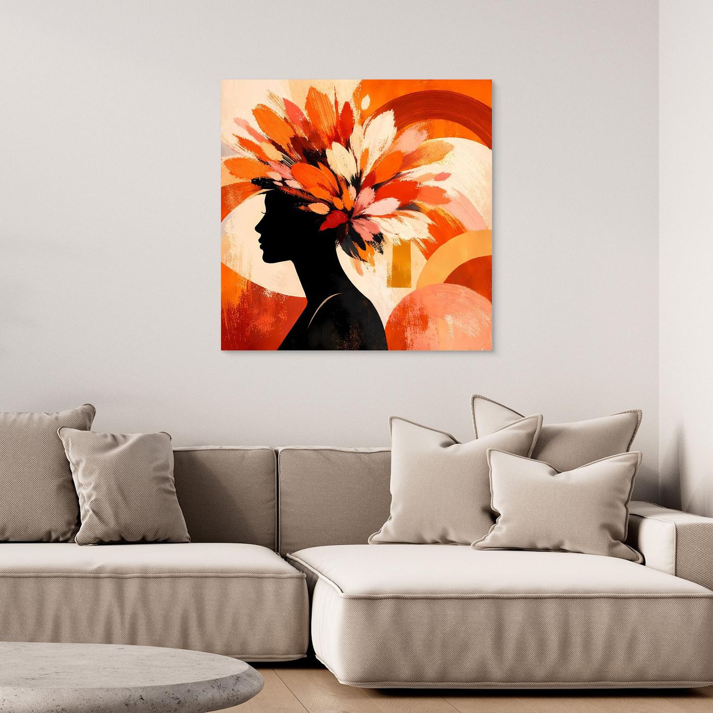 Leinwandbild mit Frauen-Silhouette im Profil und Blumen in Orange, Weiß und Schwarz, schwarz gerahmt