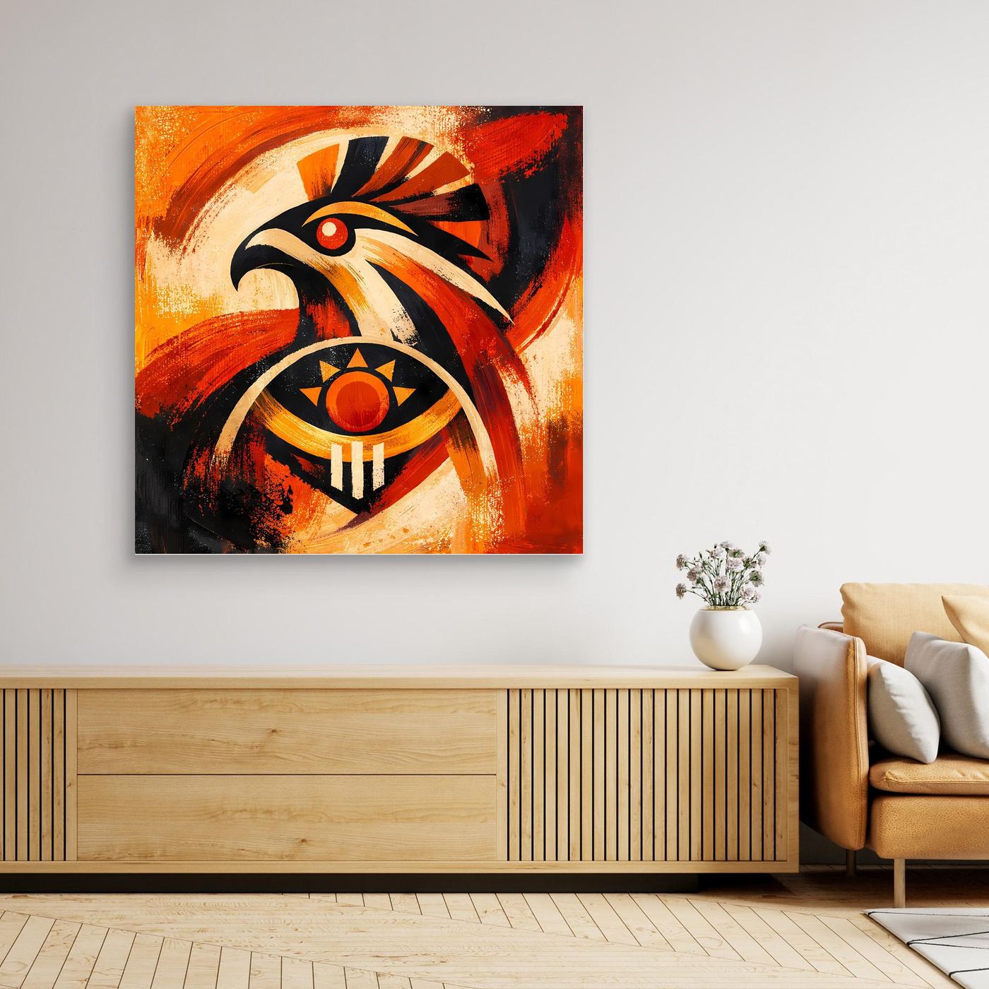 Abstraktes Leinwand-Wandbild mit Falke und Sonnensymbol, orange/creme, im Eichenrahmen