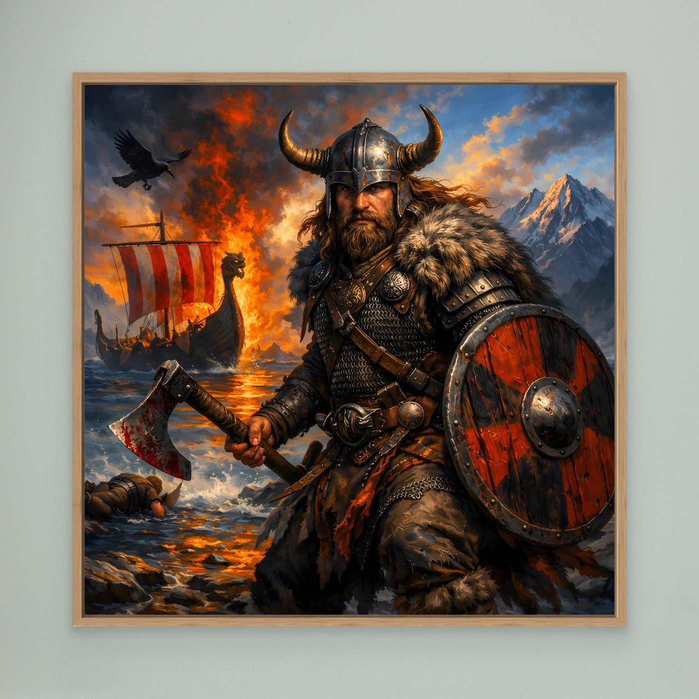 Leinwand Epischer Wikinger-Krieger an der Küste | Modernes Nordisches Wandbild