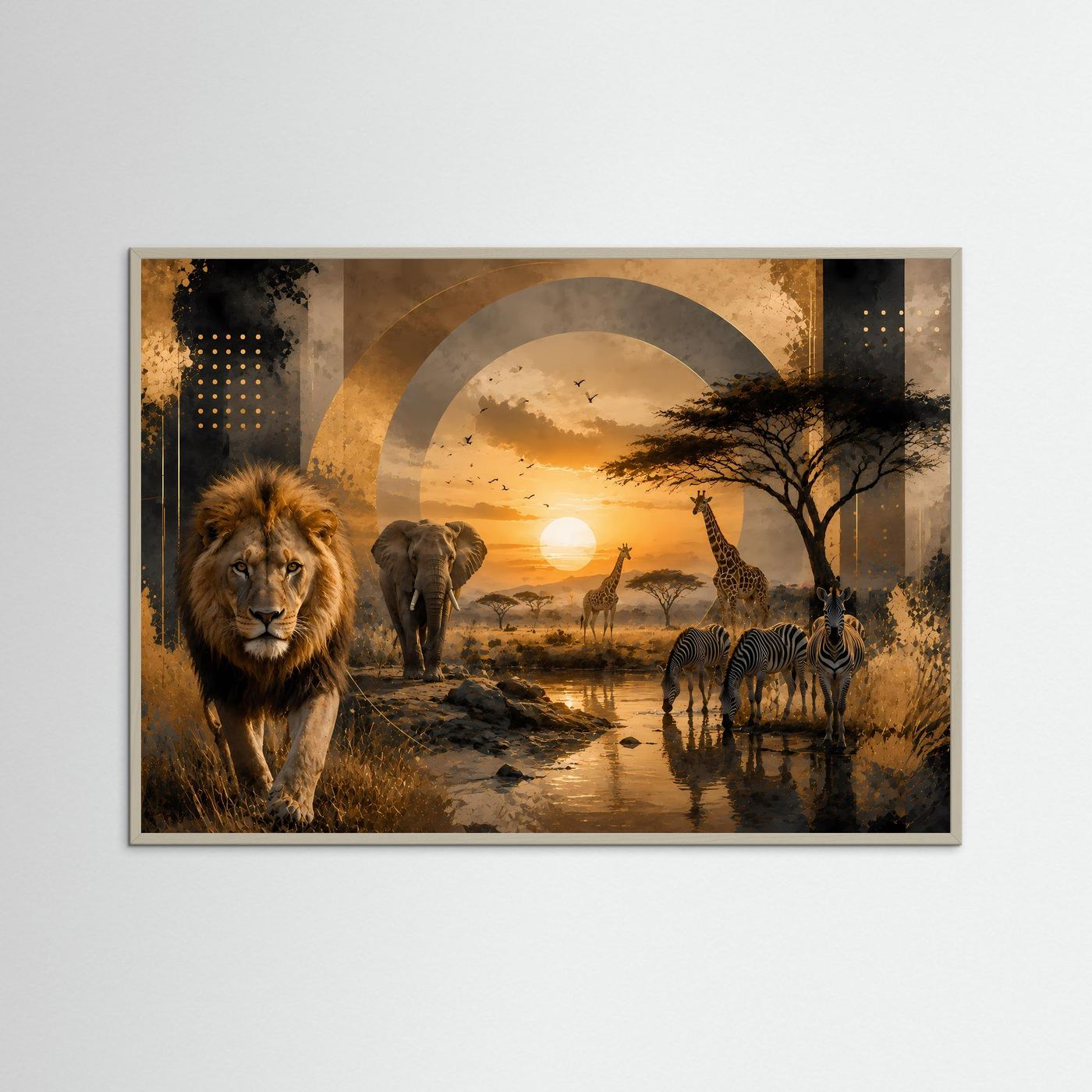 Querformatposter mit Löwe, Elefant und Zebra, im grauen Holzrahmen