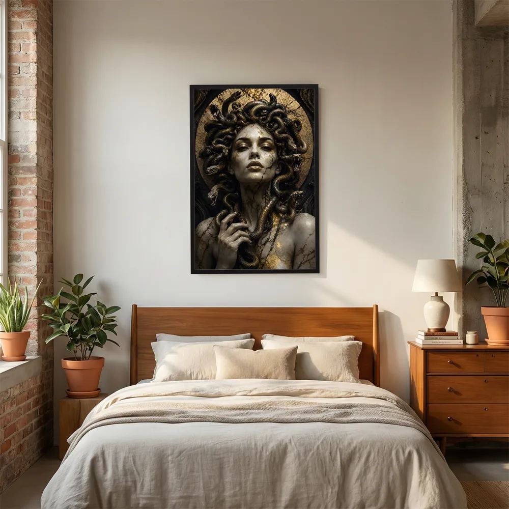 Poster der Schlangengöttin Medusa mit goldenen Schlangen, gerahmt