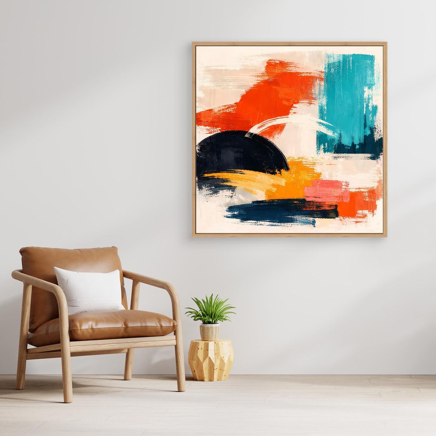 Abstraktes Leinwandbild mit beigem Holzrahmen und Farbblöcken in Rot, Blau, Gelb, Schwarz