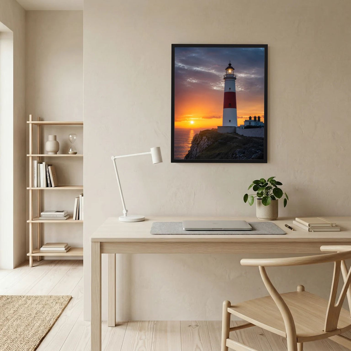Gerahmtes Wandposter: Leuchtturm am Meer bei Sonnenuntergang, klein an der Wand