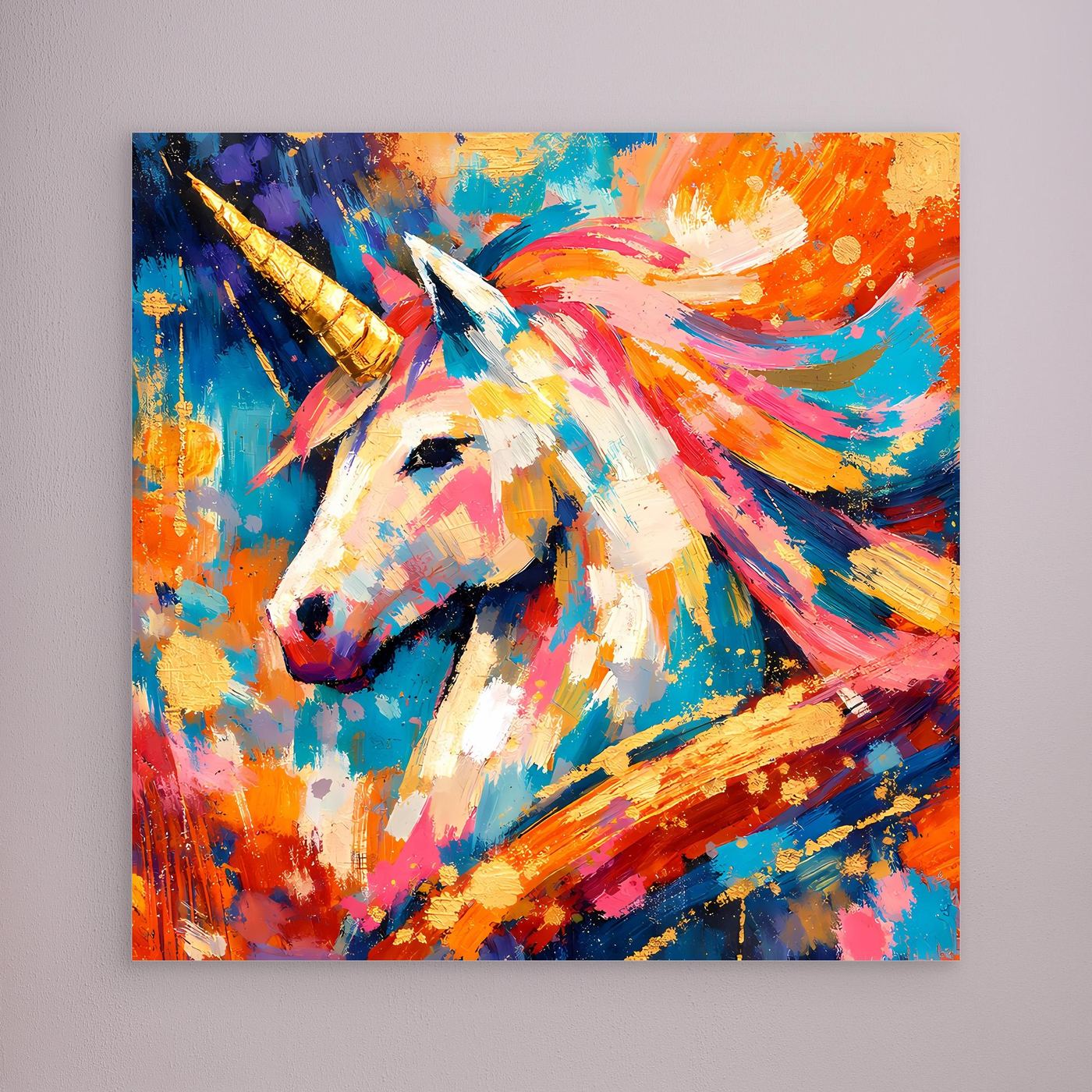 Leinwandbild mit abstraktem Einhornmotiv, kräftige Farben und dynamische Striche
