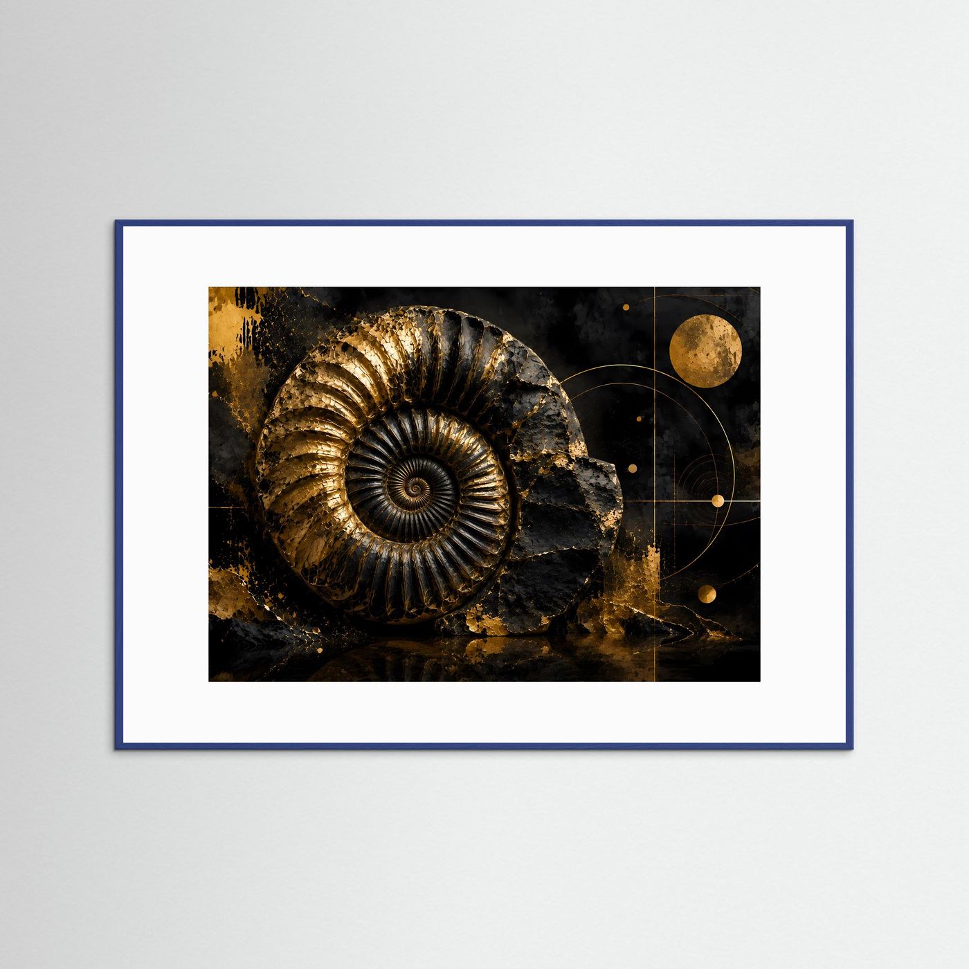 Querformat-Poster mit goldenem Ammonit auf dunklem Hintergrund, blaue Umrandung