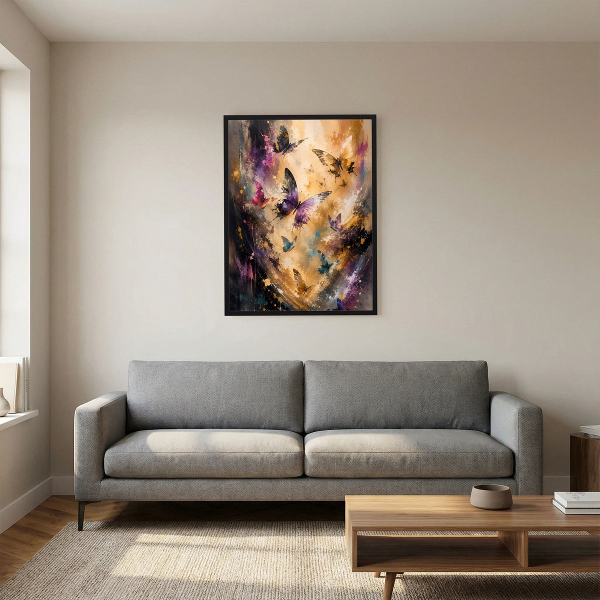 Hochformat-Poster mit abstraktem Schmetterlingsbild in Gold und Violett, schwarzer Rahmen