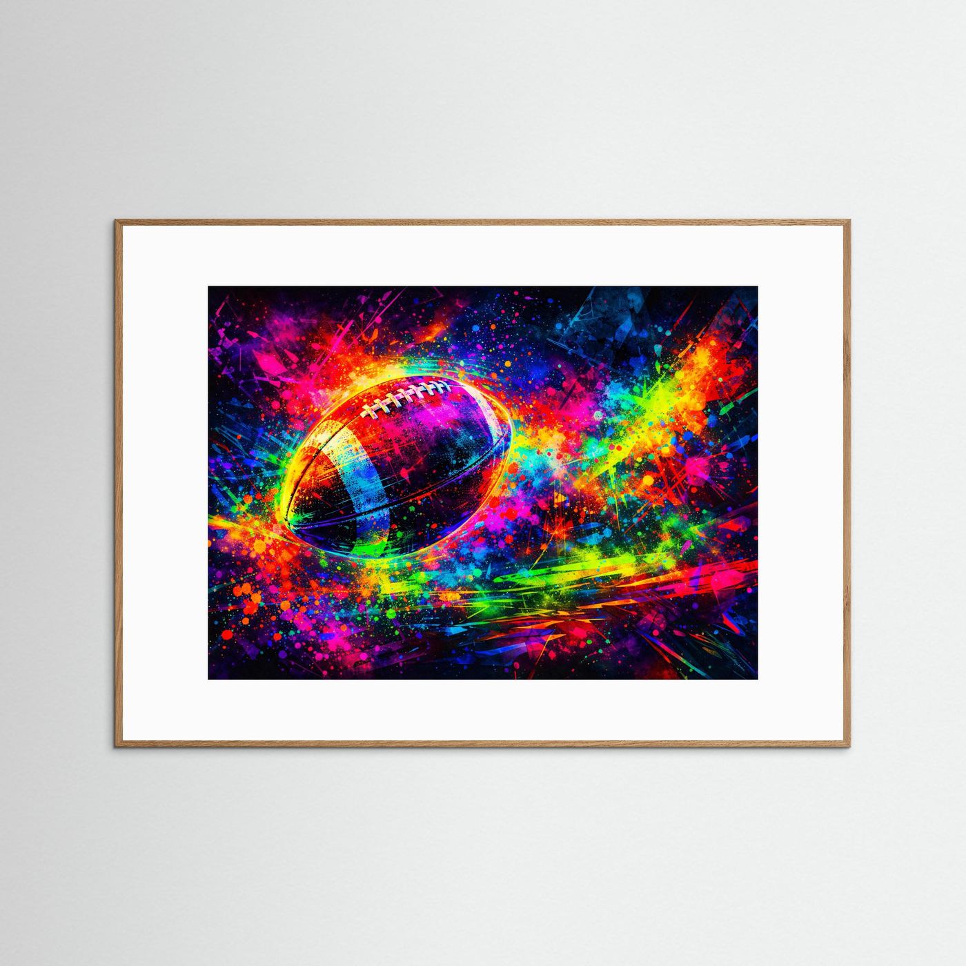 Sportposter mit Fußball-Neon-Artprint im naturfarbenen Rahmen