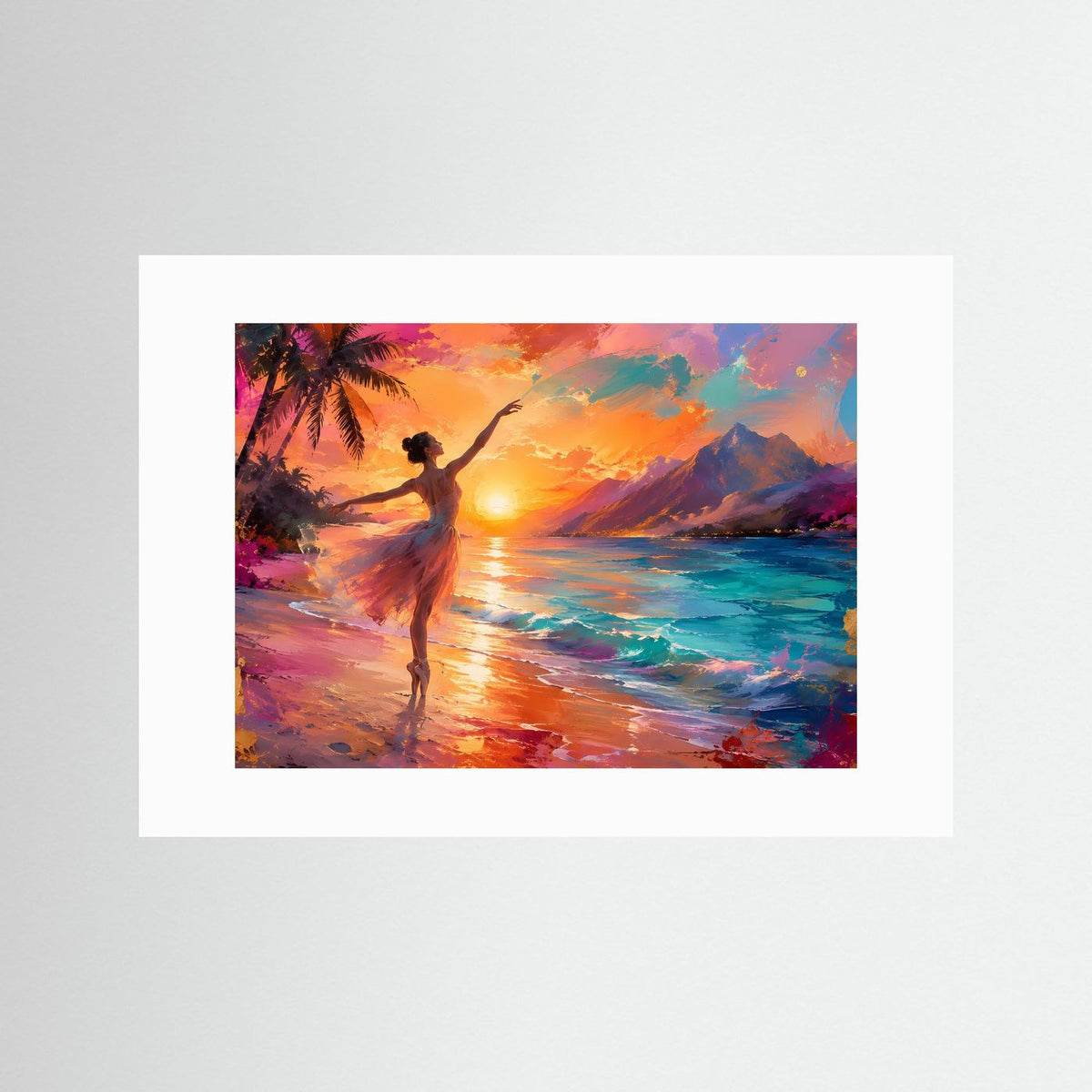 Ballett-Poster mit Tänzerin am Strand, im weißen Passepartout, Sonnenuntergangsmotiv