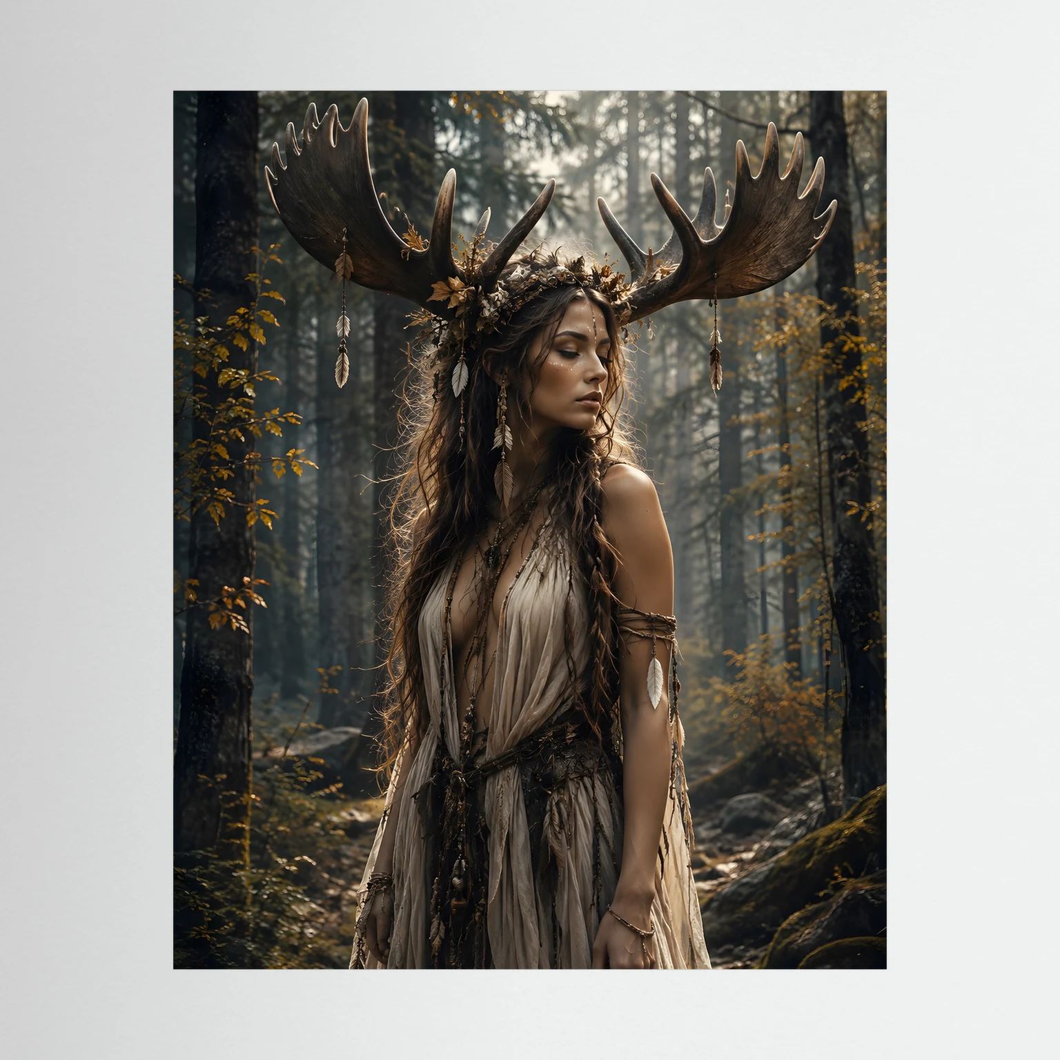 Poster im Hochformat: Fantasy-Frau mit Geweih im Wald