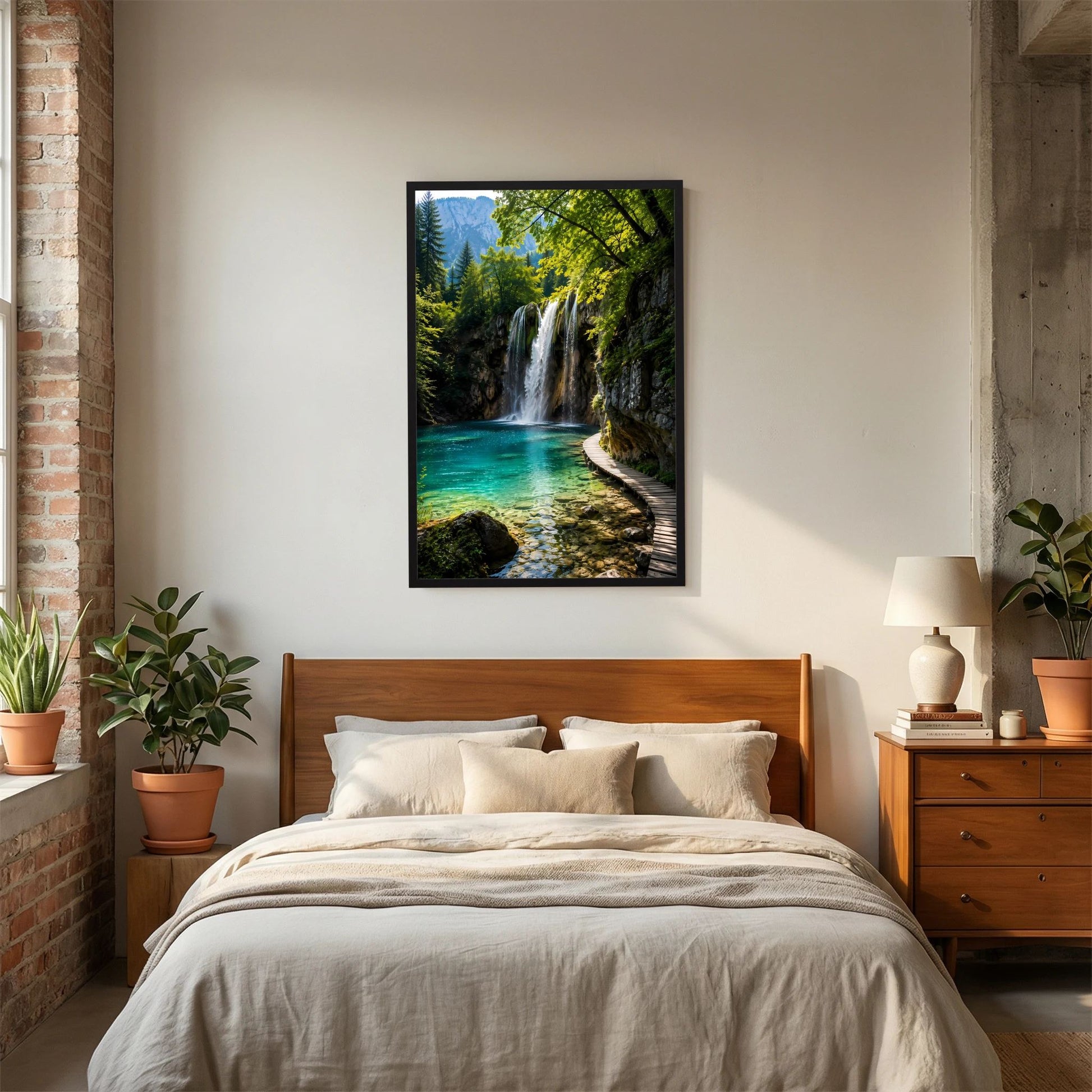 Hochformat-Poster mit Wasserfall, türkisfarbenem See und Holzsteg im schwarzen Rahmen
