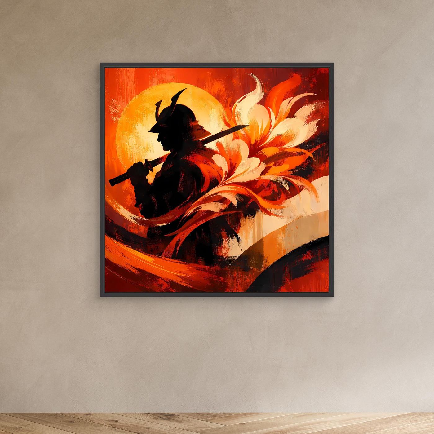 Japanisches Leinwand-Wandbild mit schwarzer Samurai-Silhouette und roten Flammen, schwarzer Rahmen