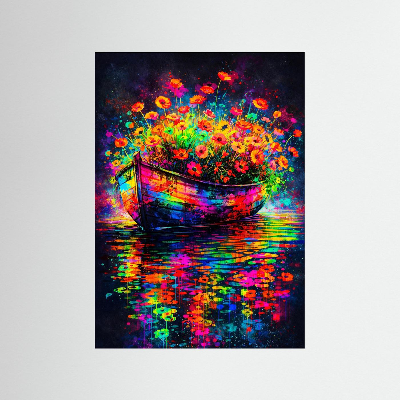 Abstraktes Blumenboot-Poster mit Neonblumen im Boot und Spiegelung im Wasser