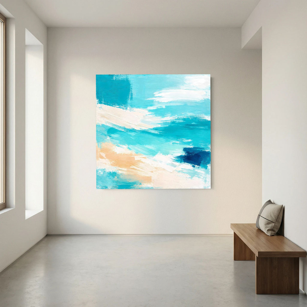 Quadratisches Leinwand-Wandbild: abstrakte Wellen mit türkisfarbenen Farbflächen und hellen Akzenten.