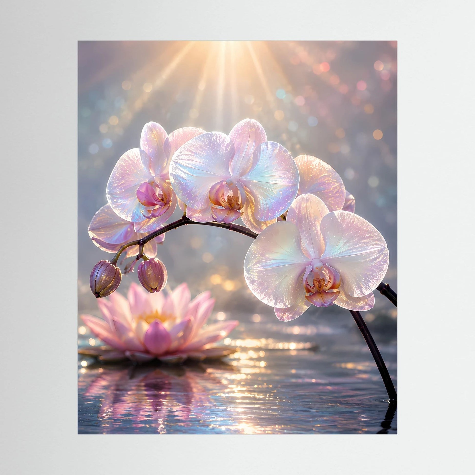 Hochformat-Poster mit Perlmutt-Orchideen und Lotusblüten auf dunklem Wasser