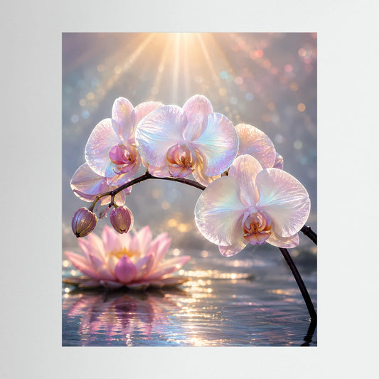 Hochformat-Poster mit Perlmutt-Orchideen und Lotusblüten auf dunklem Wasser