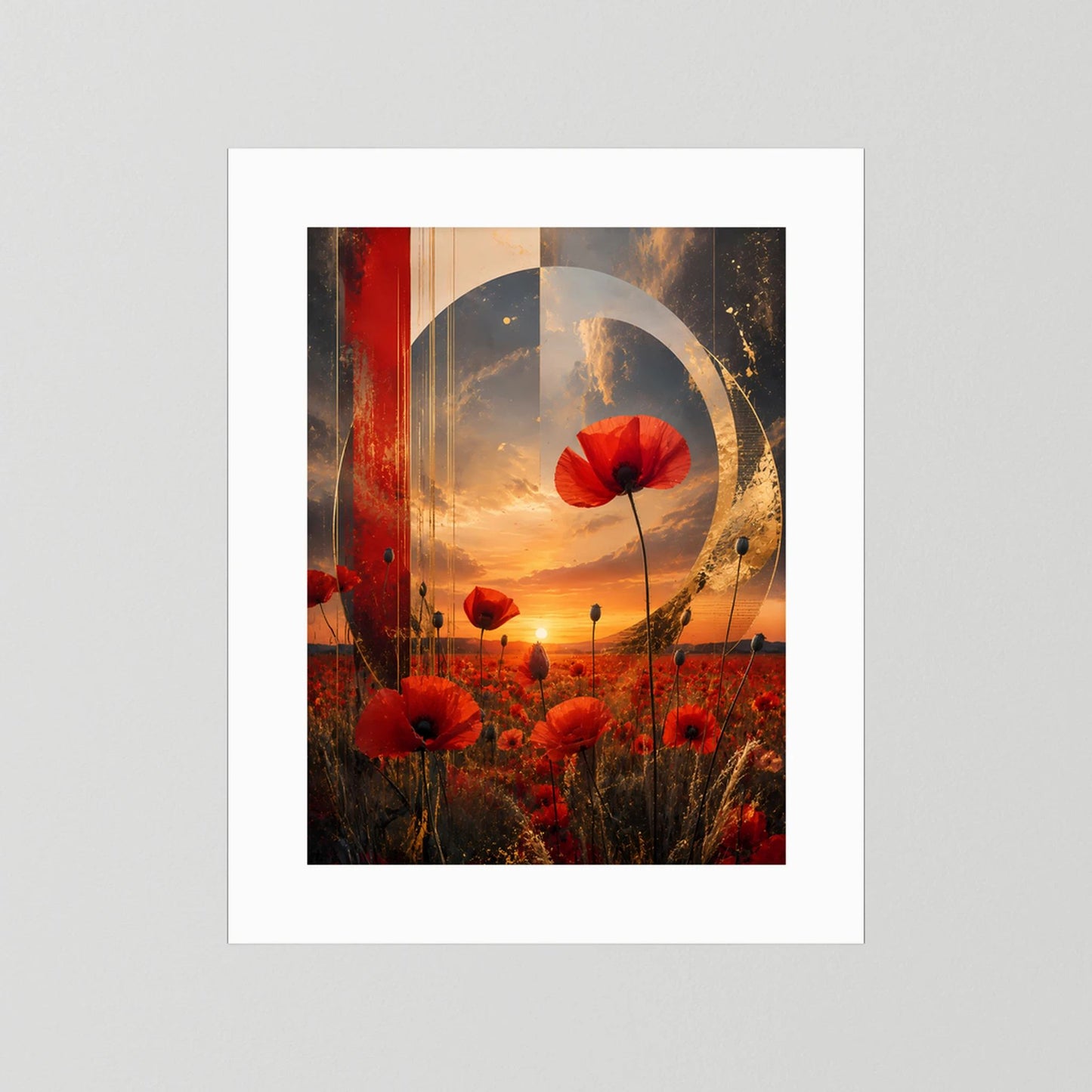 Kunstposter mit roten Mohnblüten und goldener Kreisform, weißes Passepartout