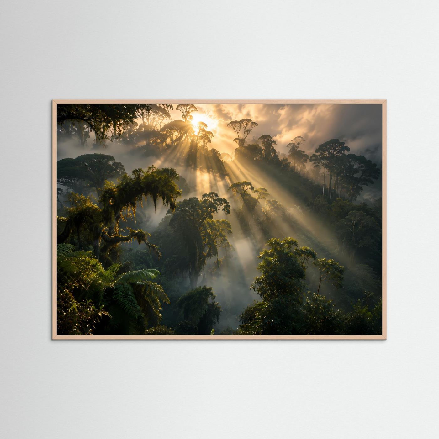 Wandposter mit tropischem Regenwald und Sonnenstrahlen durch Nebel, rosafarbenes Holzrahmen