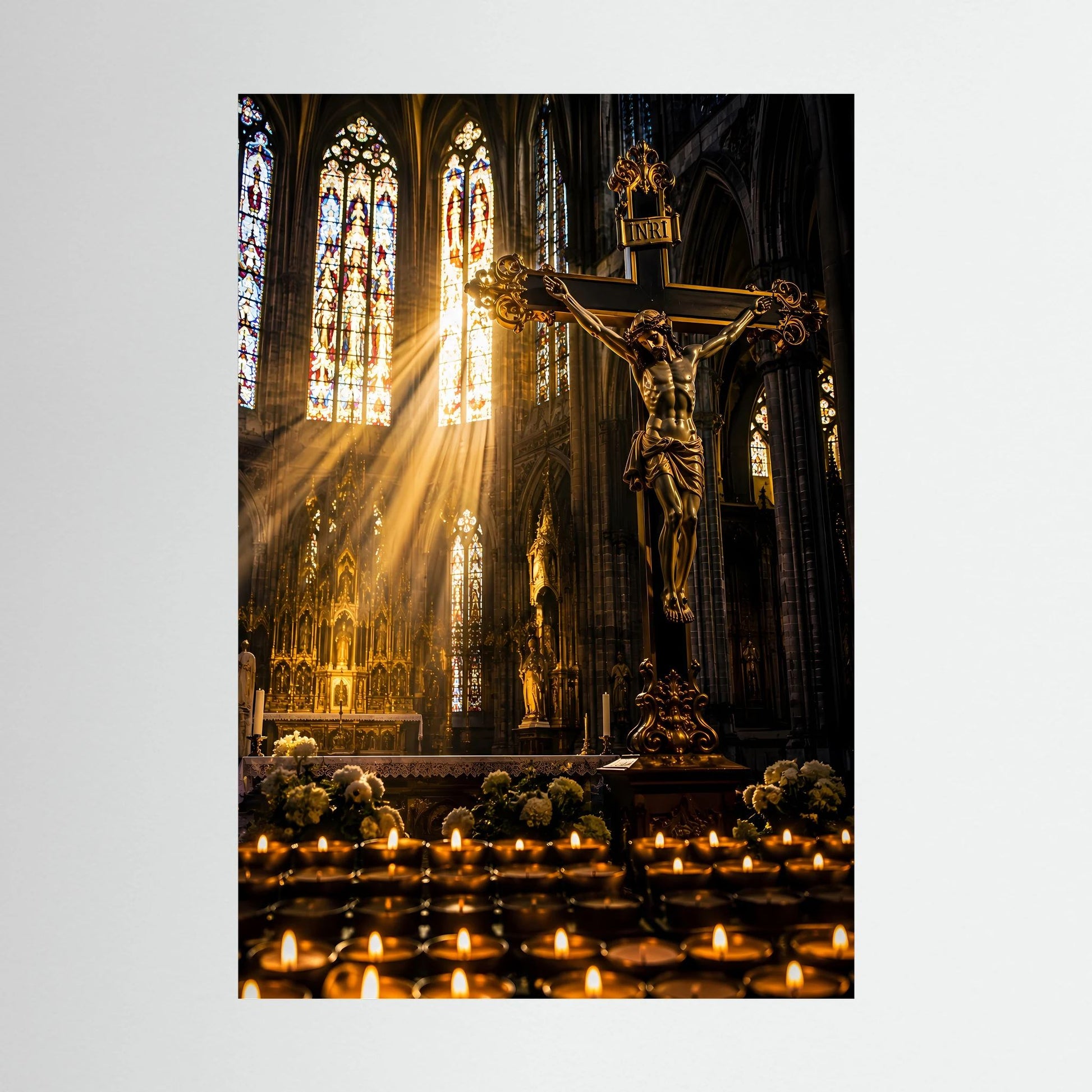 Hochformat-Poster mit Kruzifix, Lichtstrahlen durch Buntglasfenster und Kerzen unten
