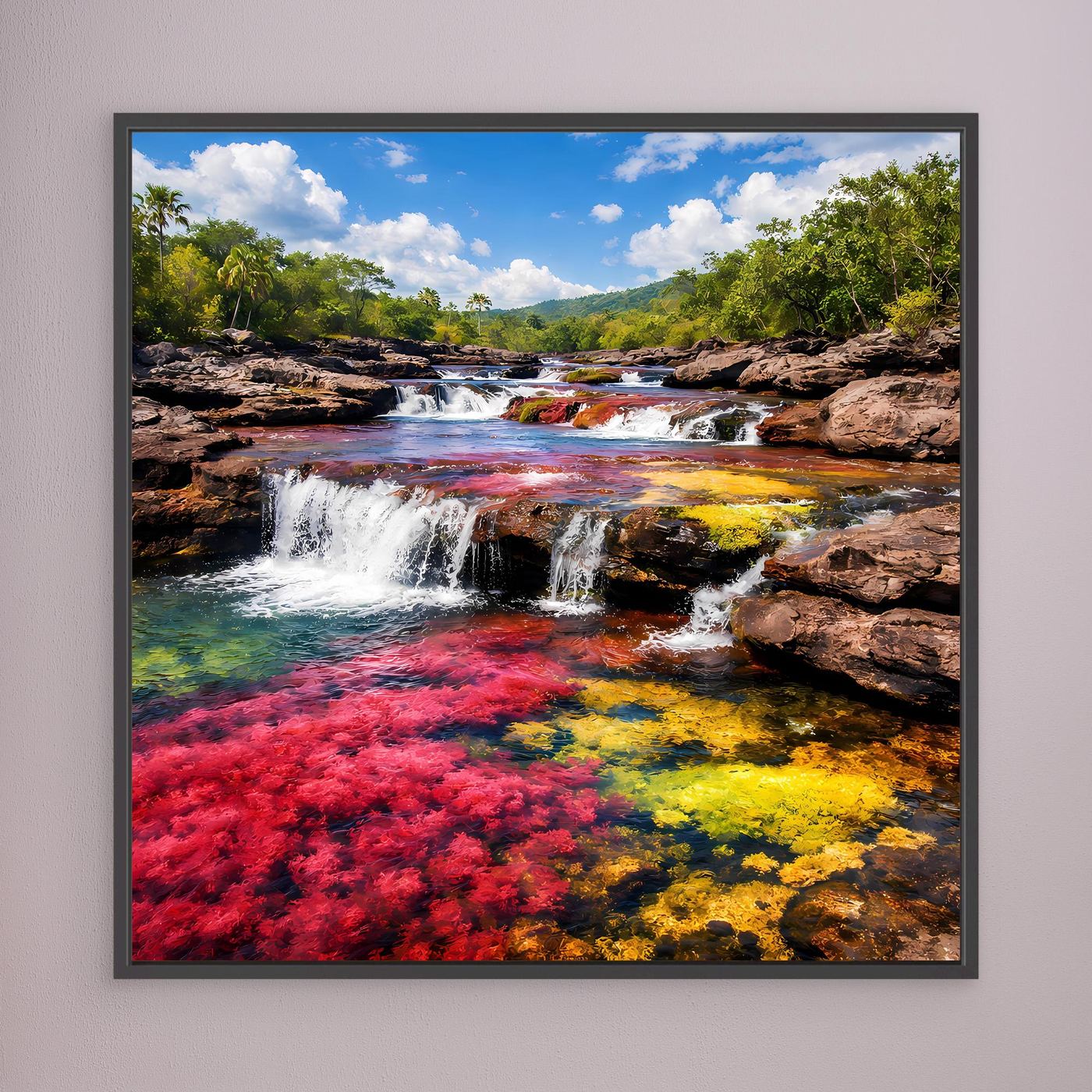 Leinwandbild mit Wasserfällen und Regenbogenfarben, schwarz gerahmt