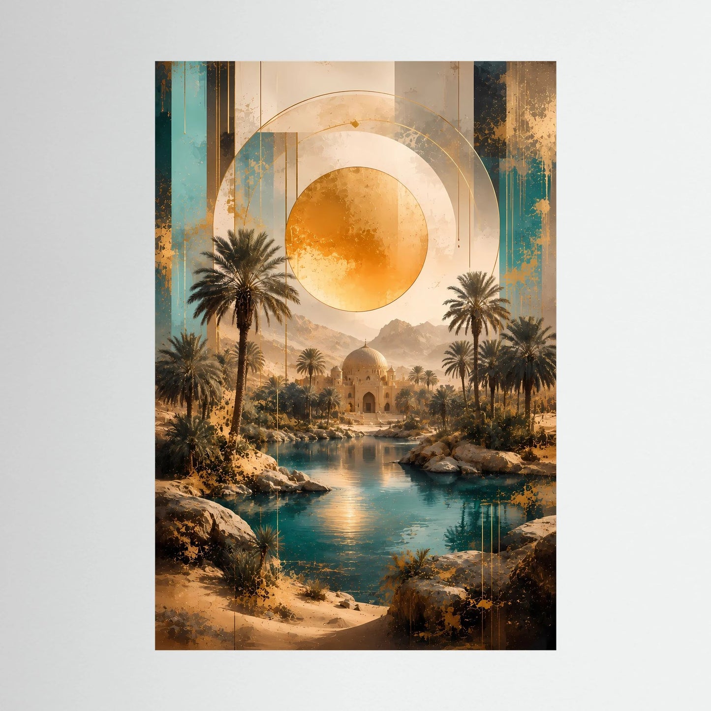 Hochformat-Poster (Druck) mit goldener Sonne, Palmen und türkisfarbenem Fluss in Wüste