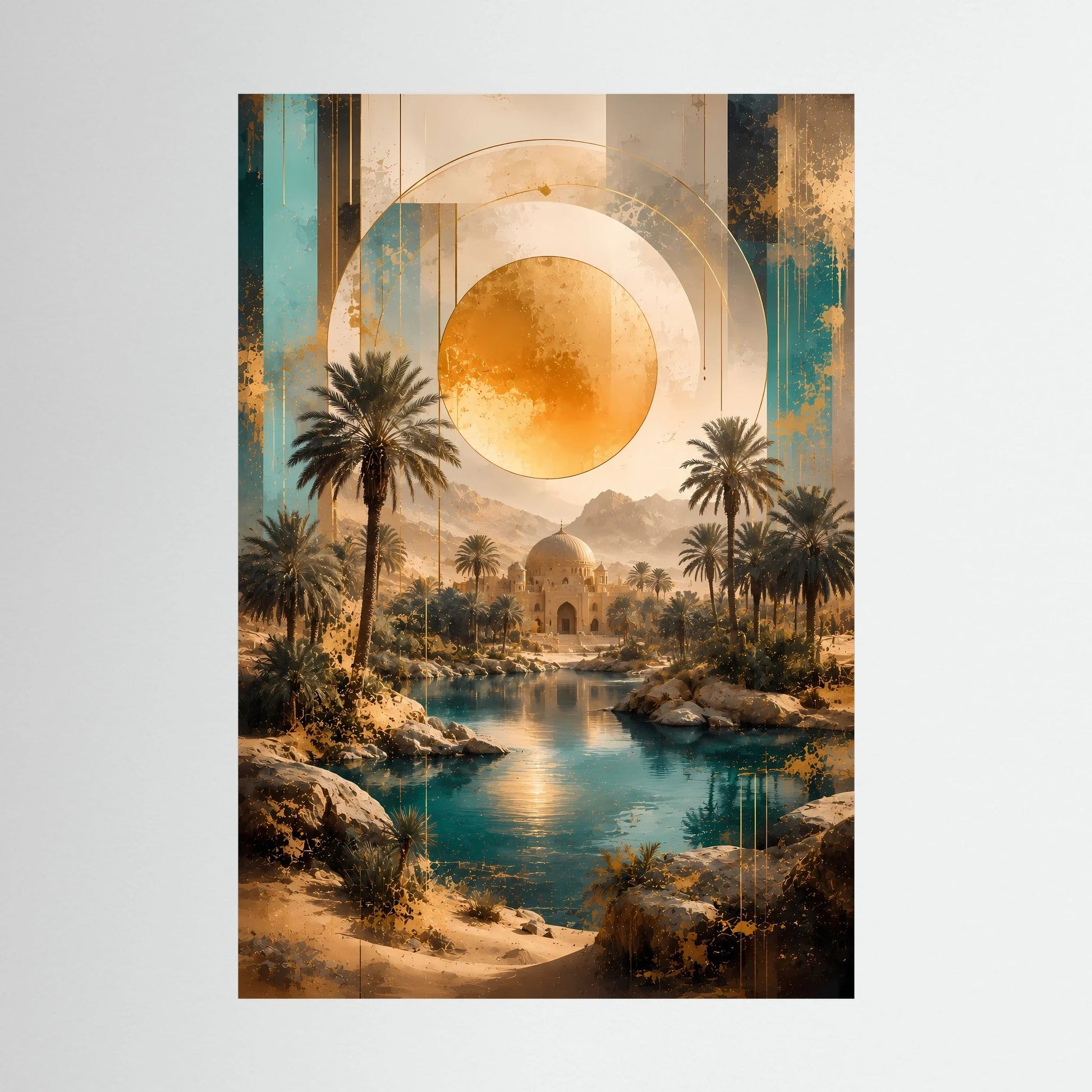 Hochformat-Poster (Druck) mit goldener Sonne, Palmen und türkisfarbenem Fluss in Wüste