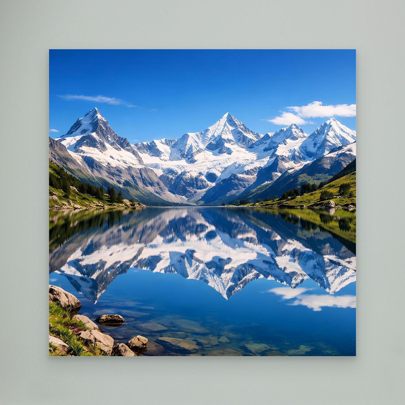 Leinwandbild mit Bergsee und Alpen, Spiegelung im Wasser, ohne Rahmen