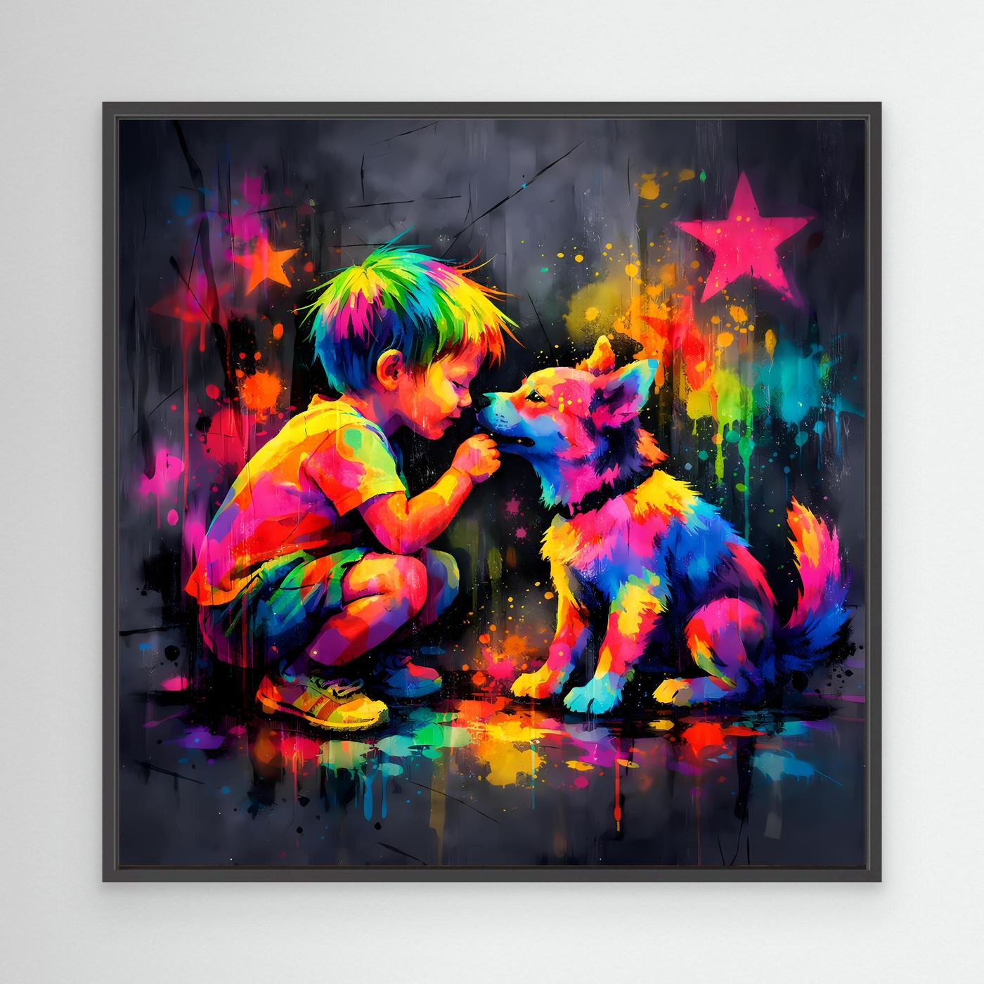 Leinwandbild im schwarzen Rahmen: Kind und Hund im bunten Graffiti, Farbsterne und Spritzer