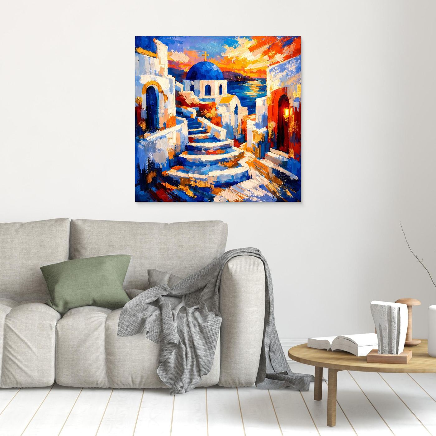 Leinwandbild Santorin mit Treppe und blauer Kuppel, kleines Wandbild über Sofa